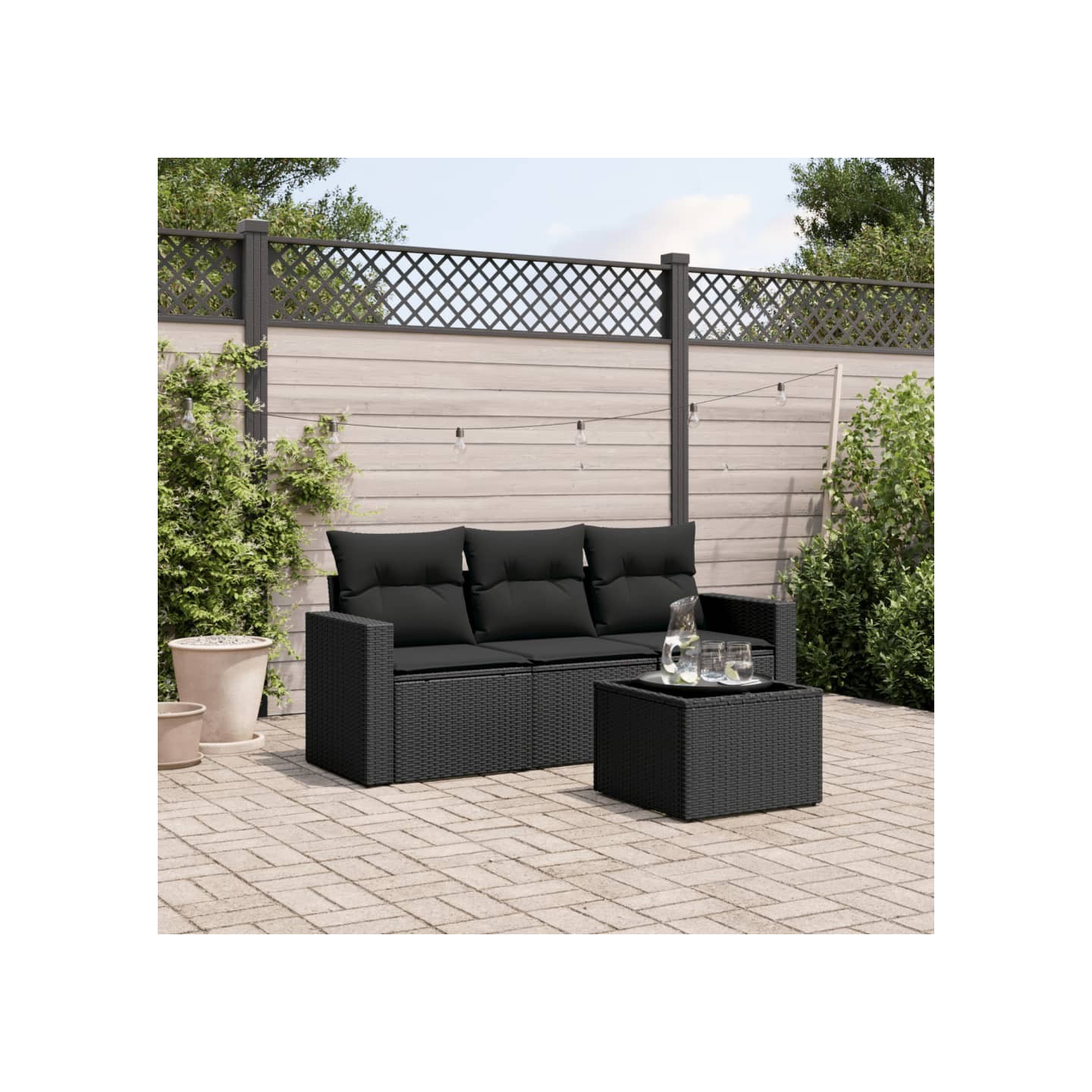 Salon de jardin 4 pcs avec coussins noir résine tressée