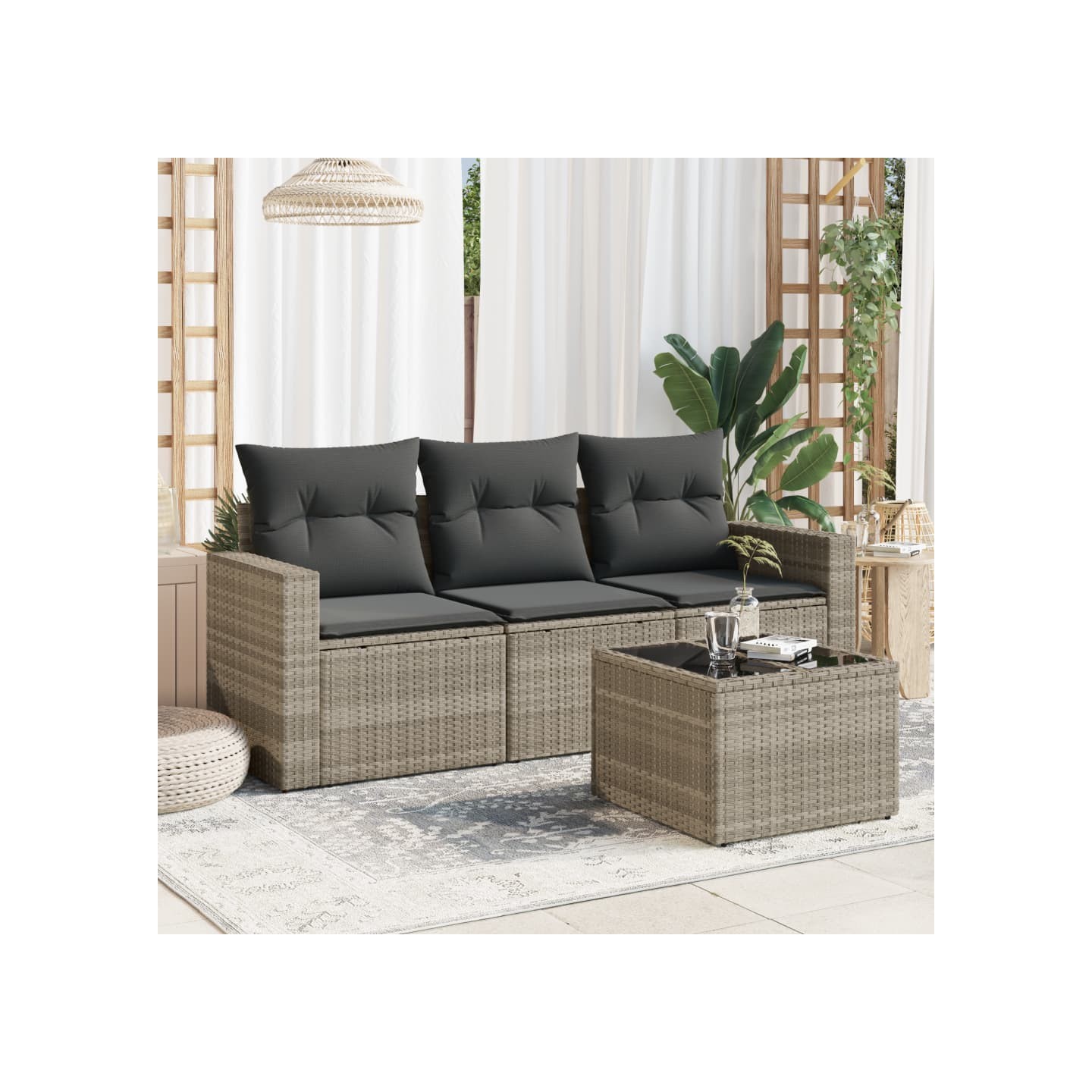 Salon de jardin 4 pcs avec coussins gris clair résine tressée