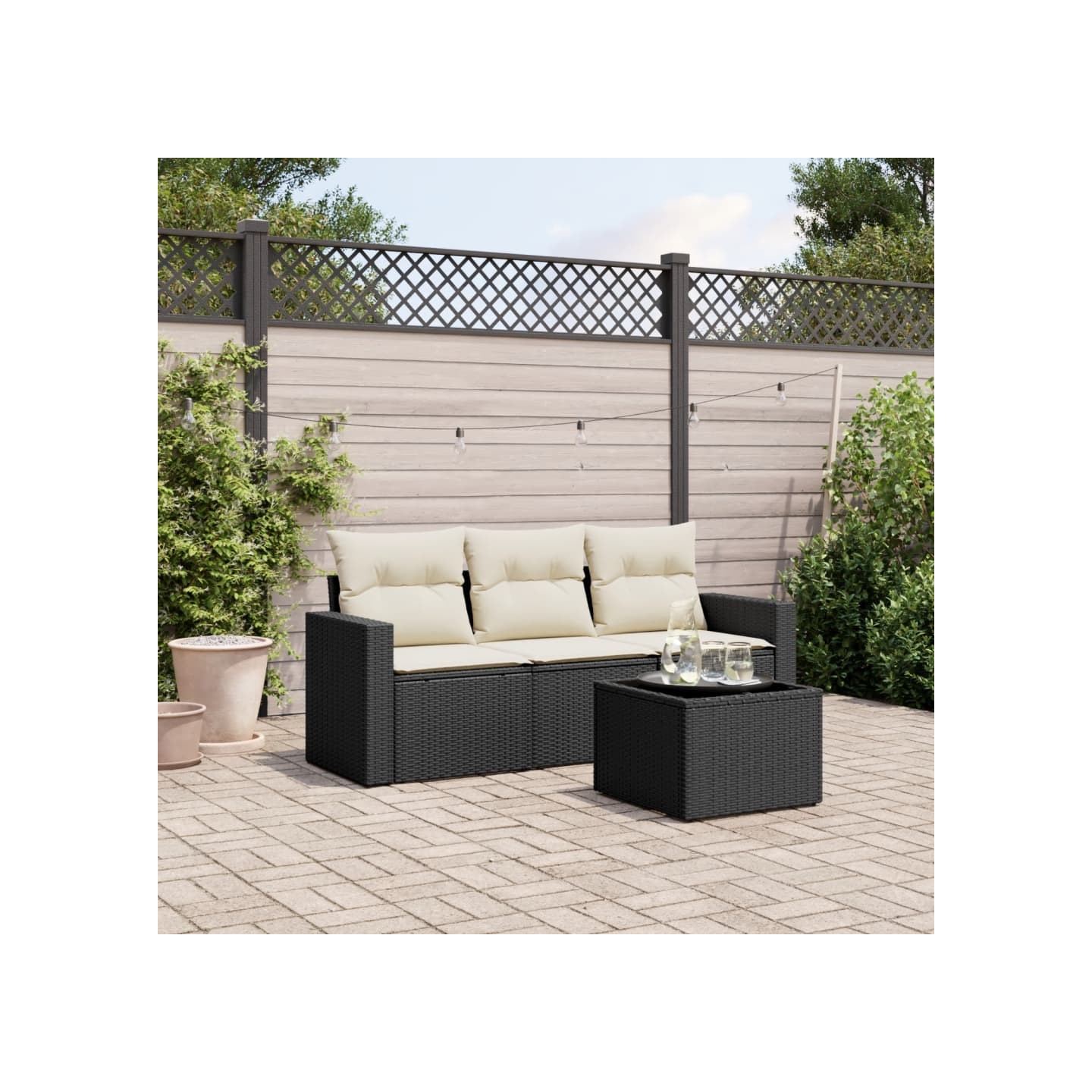 Salon de jardin 4 pcs avec coussins noir résine tressée