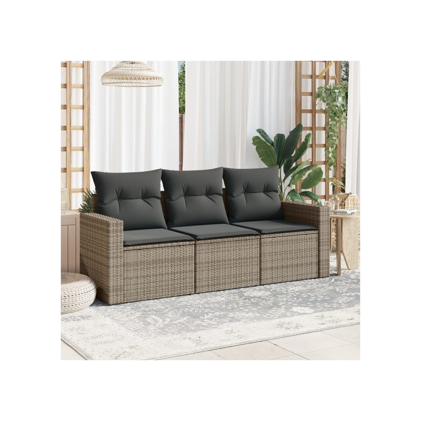 Salon de jardin avec coussins 3 pcs gris résine tressée