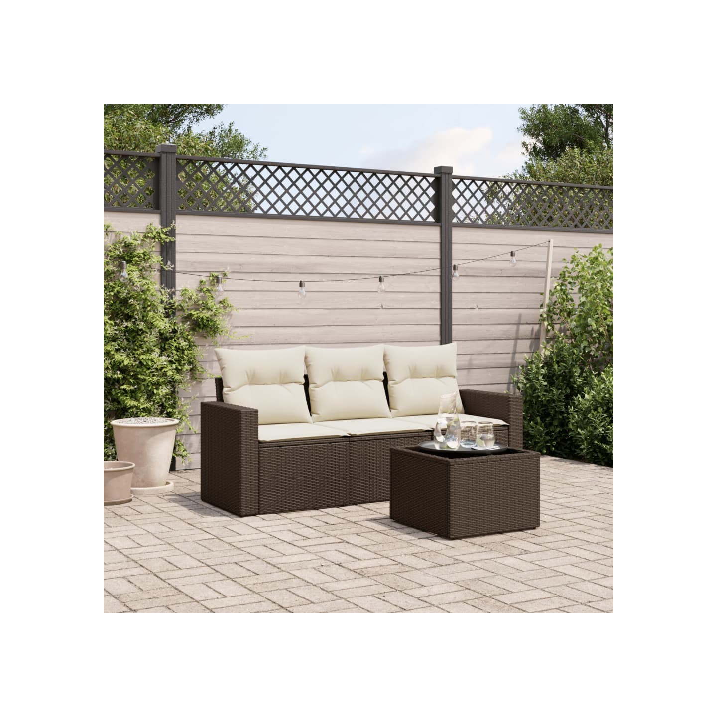 Salon de jardin 4 pcs avec coussins marron résine tressée