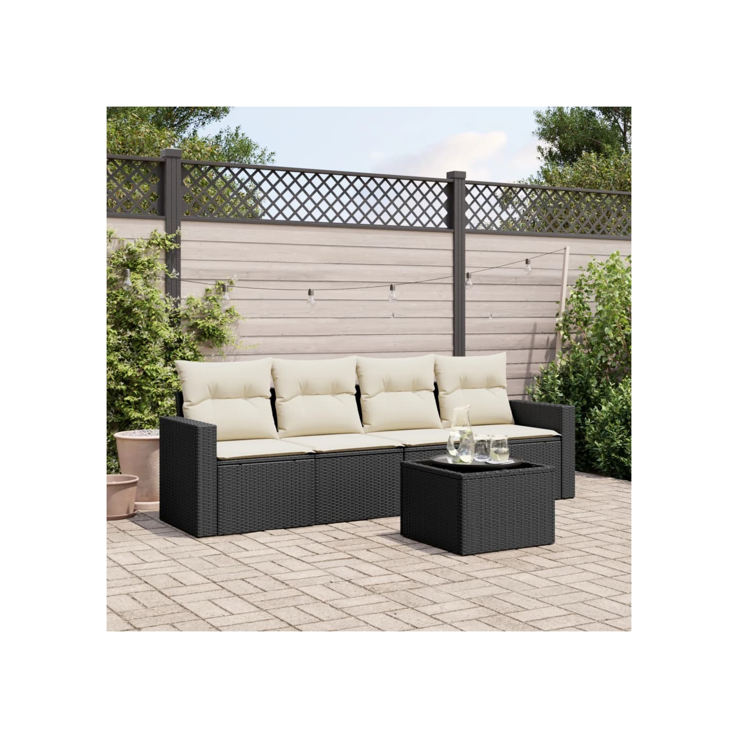 Salon de jardin 5 pcs avec coussins noir résine tressée