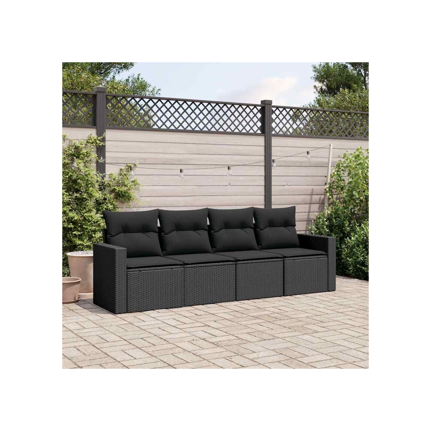 Salon de jardin 4 pcs avec coussins noir résine tressée