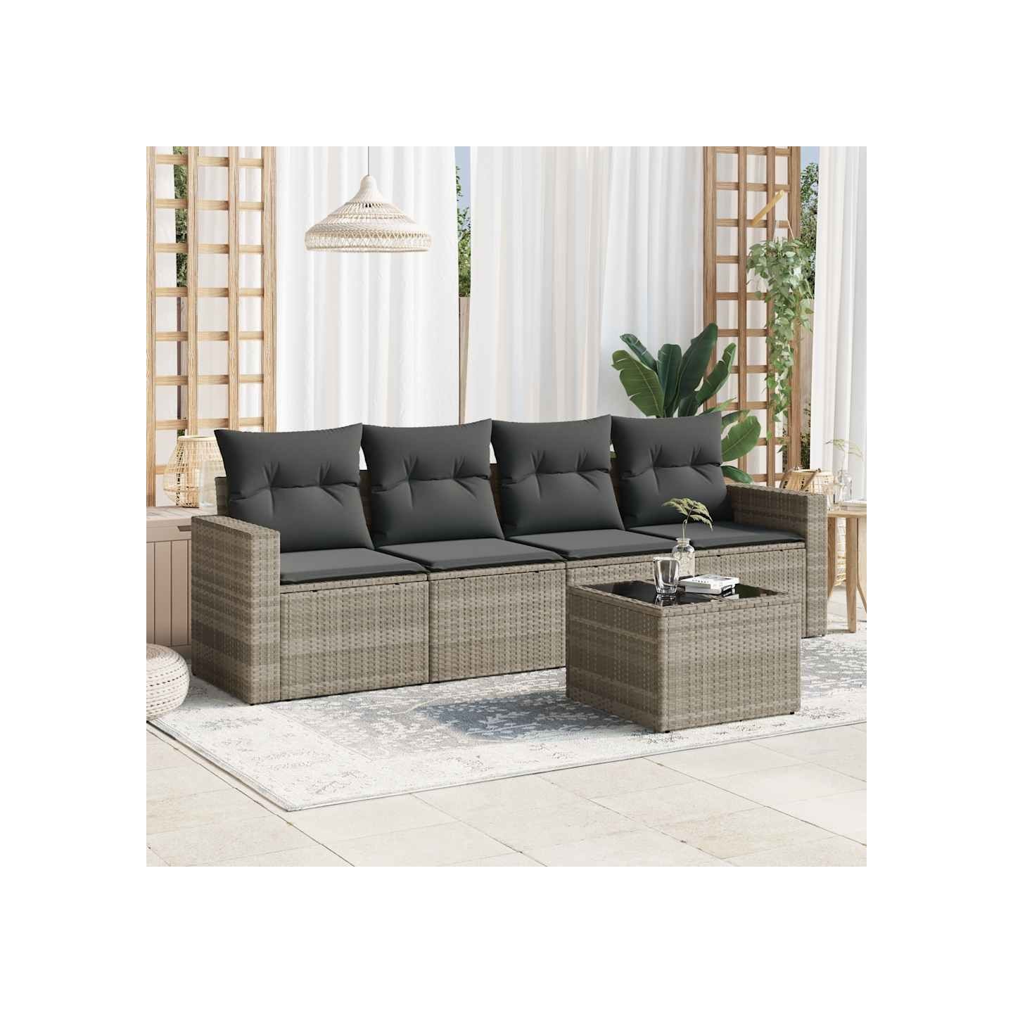 Salon de jardin 5 pcs avec coussins gris clair résine tressée