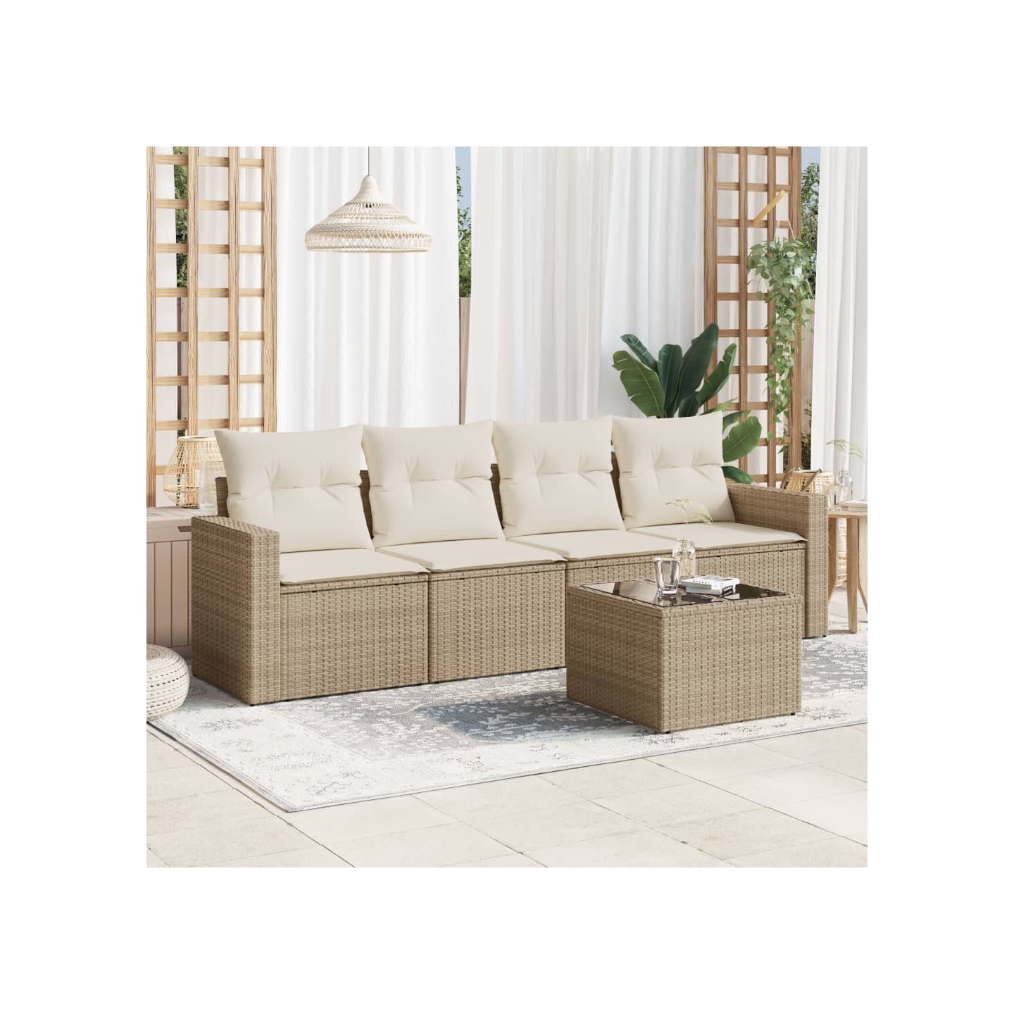 Salon de jardin avec coussins 5 pcs beige résine tressée