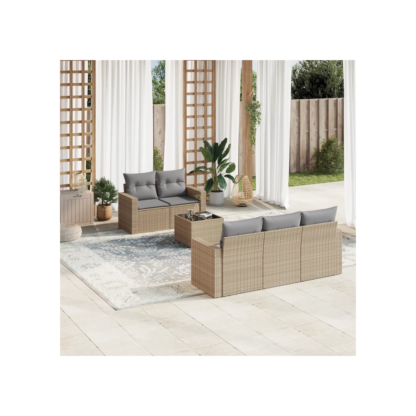 Salon de jardin avec coussins 6 pcs beige résine tressée