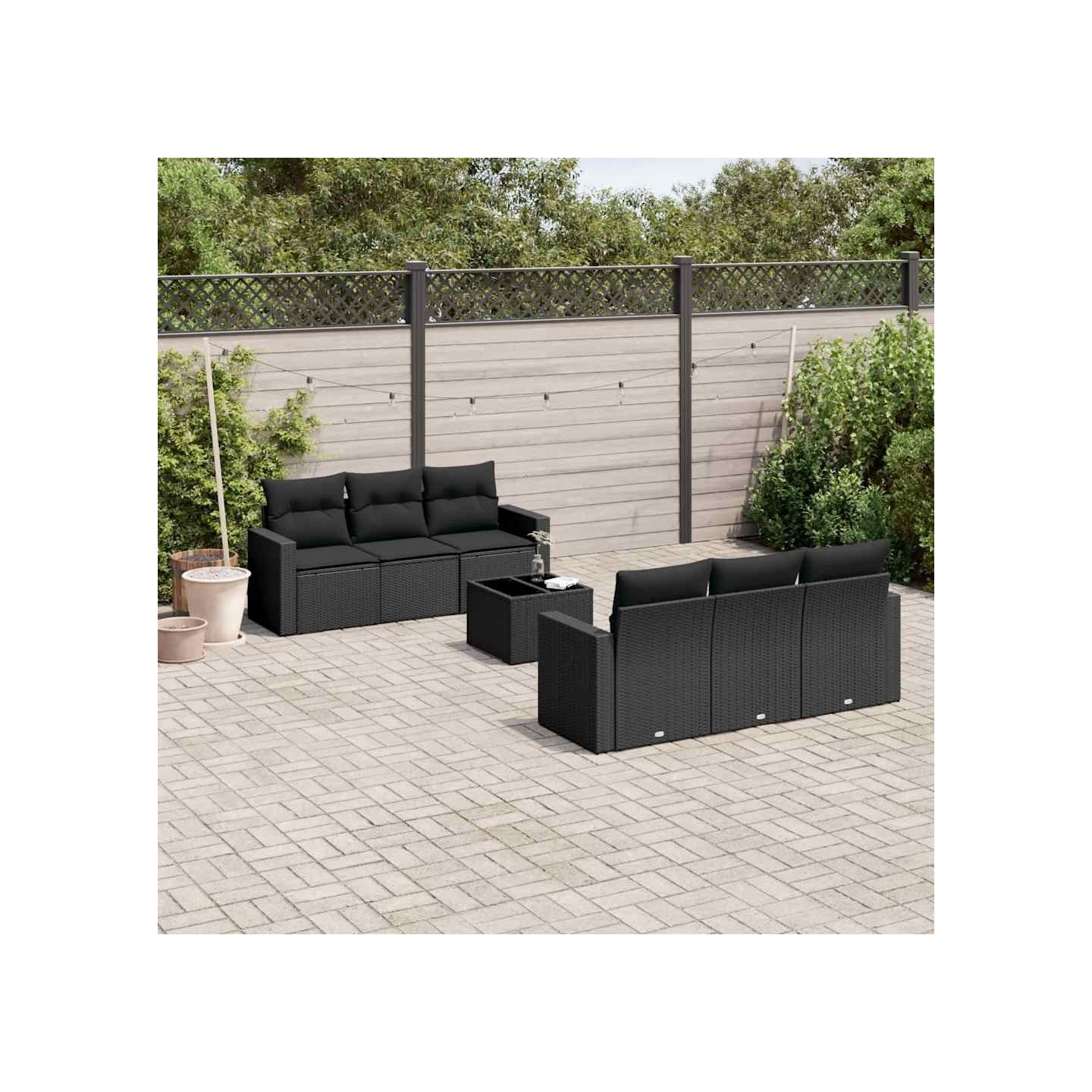Salon de jardin 7 pcs avec coussins noir résine tressée