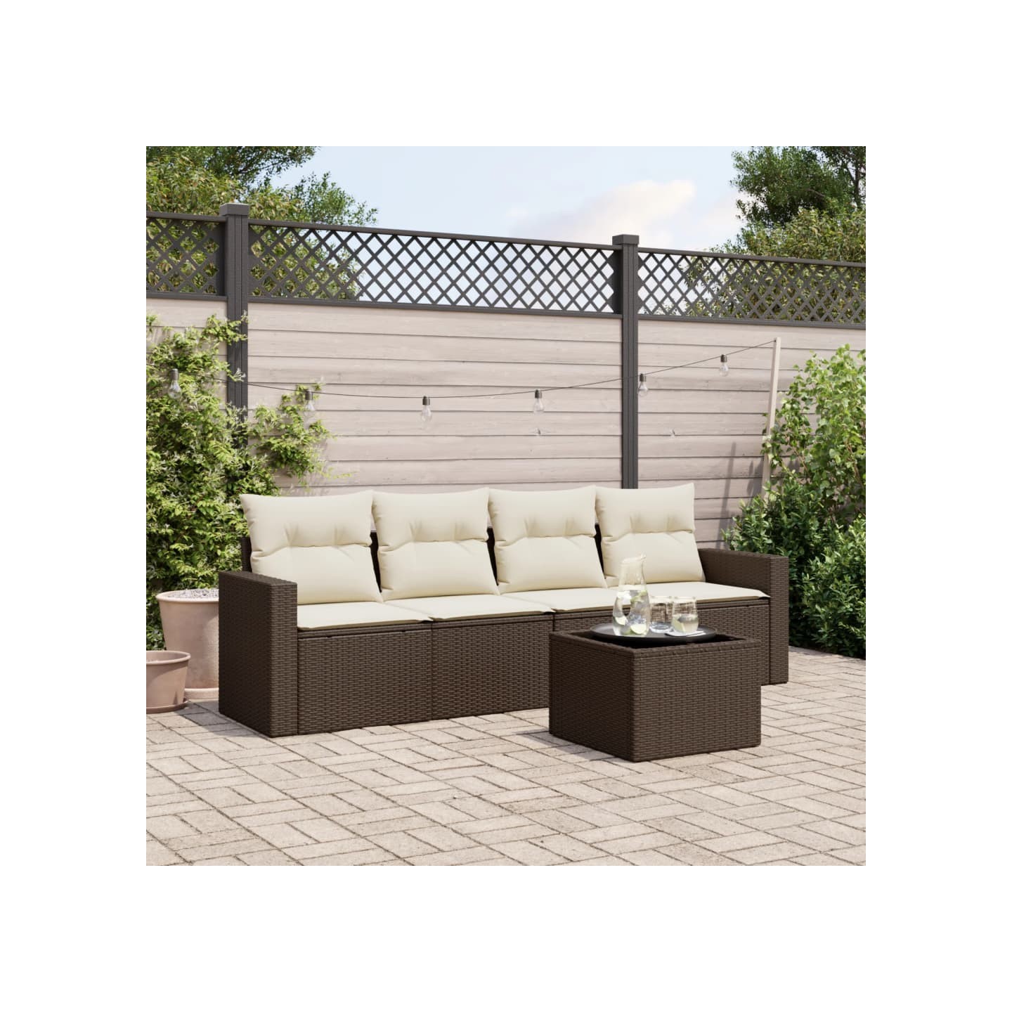 Salon de jardin avec coussins 5 pcs marron résine tressée