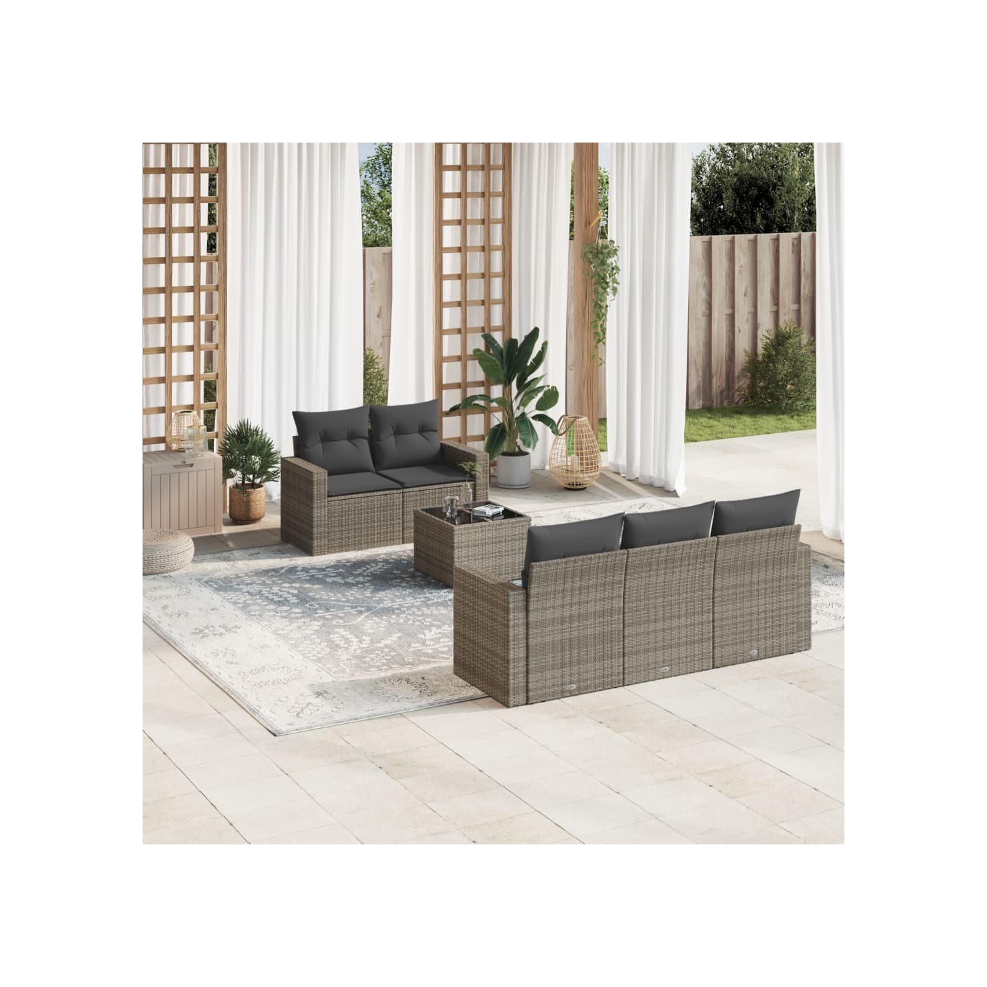 Salon de jardin 6 pcs avec coussins gris résine tressée