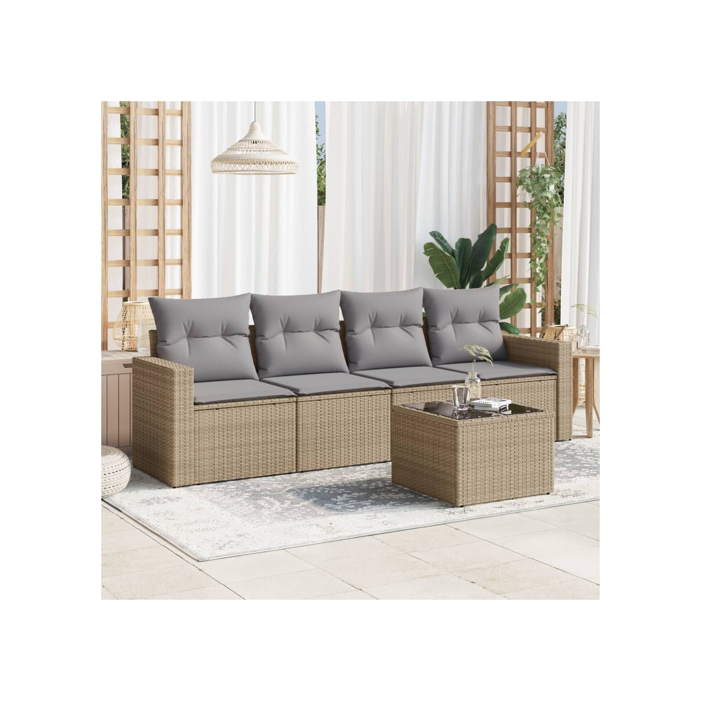 Salon de jardin avec coussins 5 pcs beige résine tressée