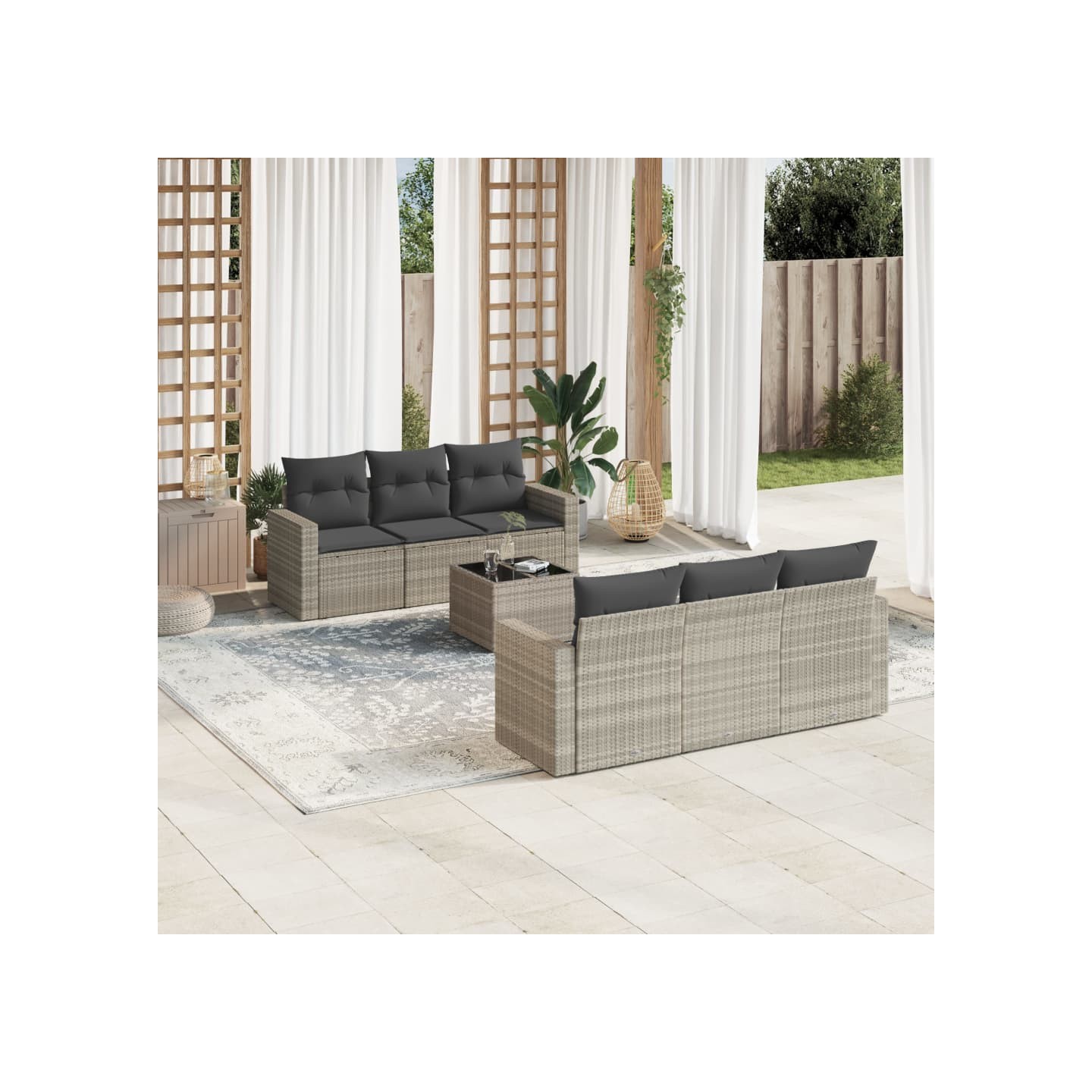 Salon de jardin avec coussins 7 pcs gris clair résine tressée