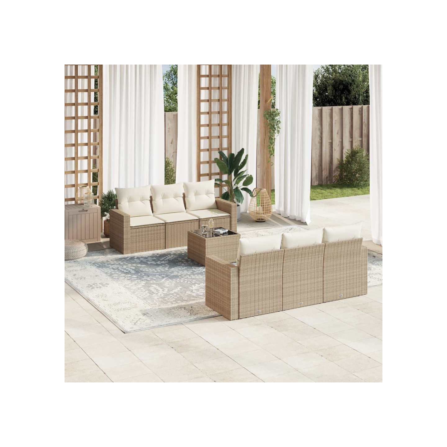 Salon de jardin avec coussins 7 pcs beige résine tressée