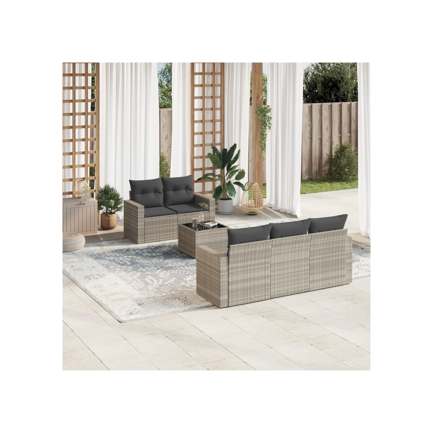 Salon de jardin 6 pcs avec coussins gris clair résine tressée