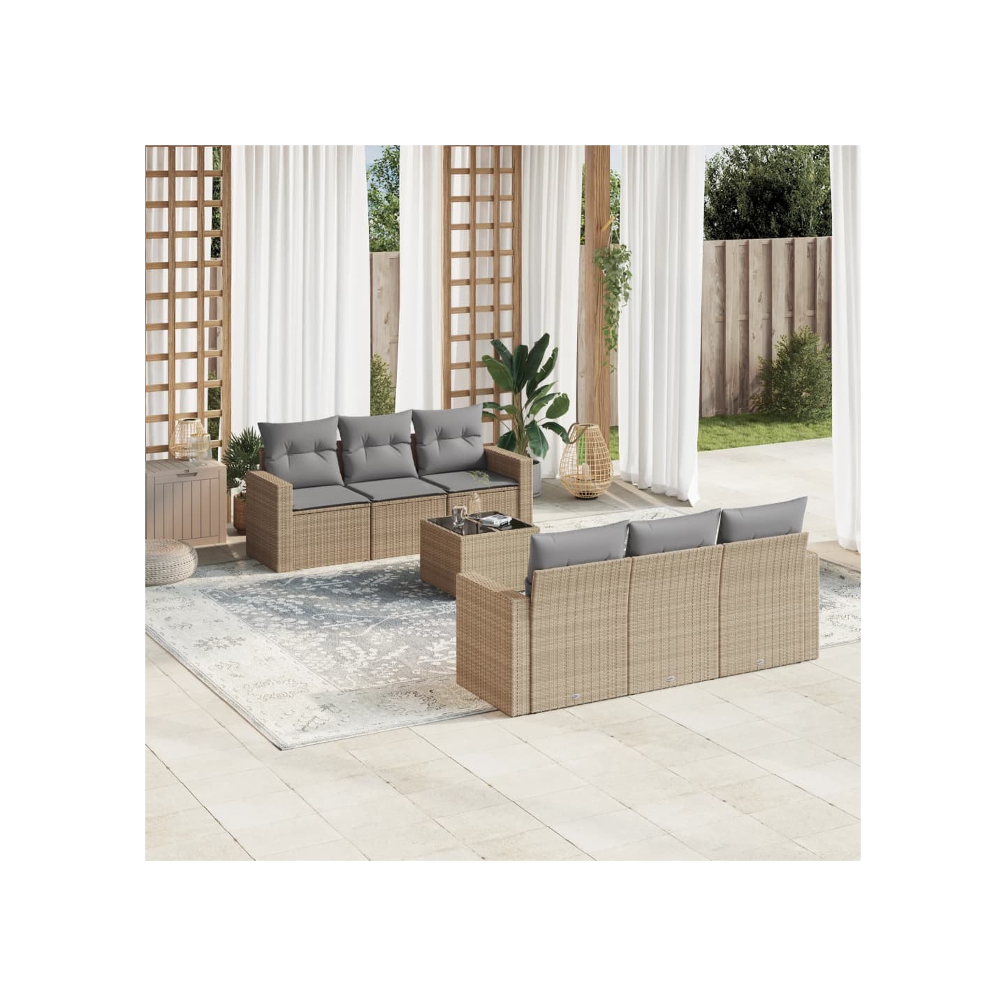 Salon de jardin avec coussins 7 pcs beige résine tressée