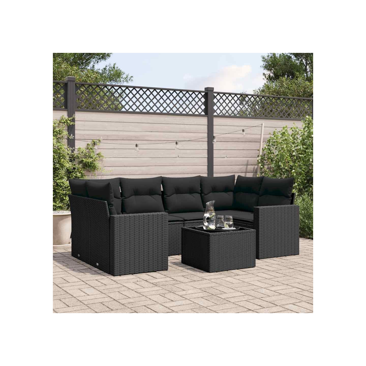 Salon de jardin 7 pcs avec coussins noir résine tressée