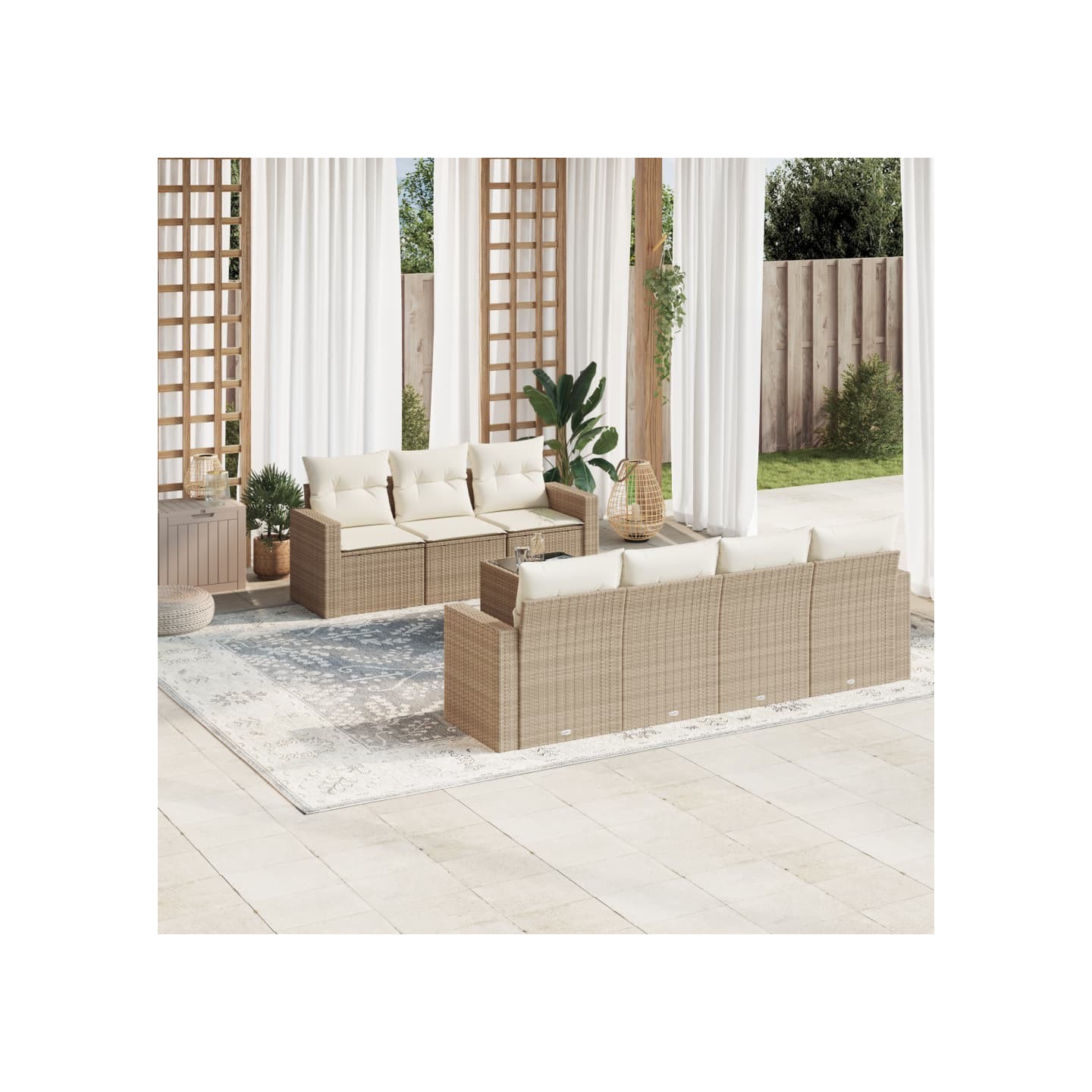 Salon de jardin avec coussins 8 pcs beige résine tressée