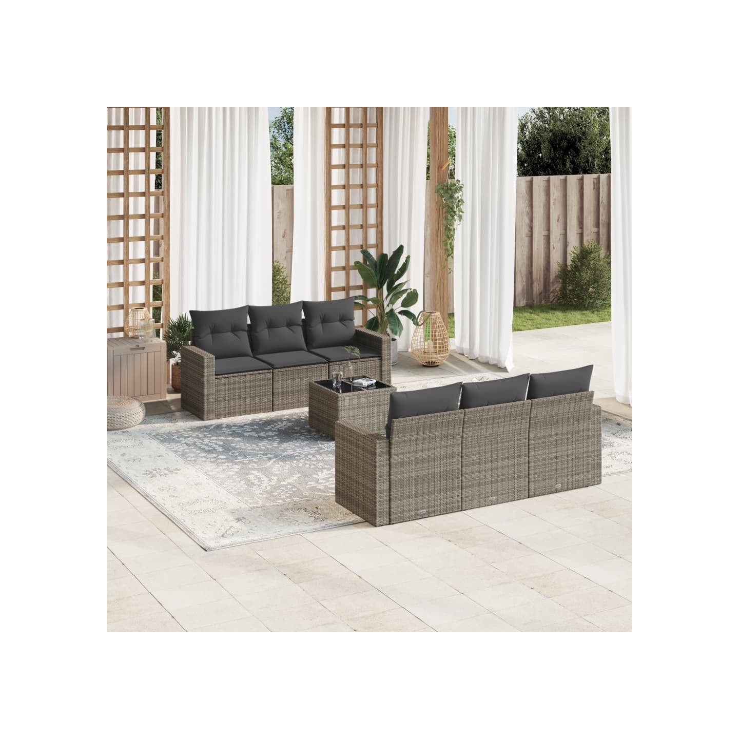 Salon de jardin avec coussins 7 pcs gris résine tressée