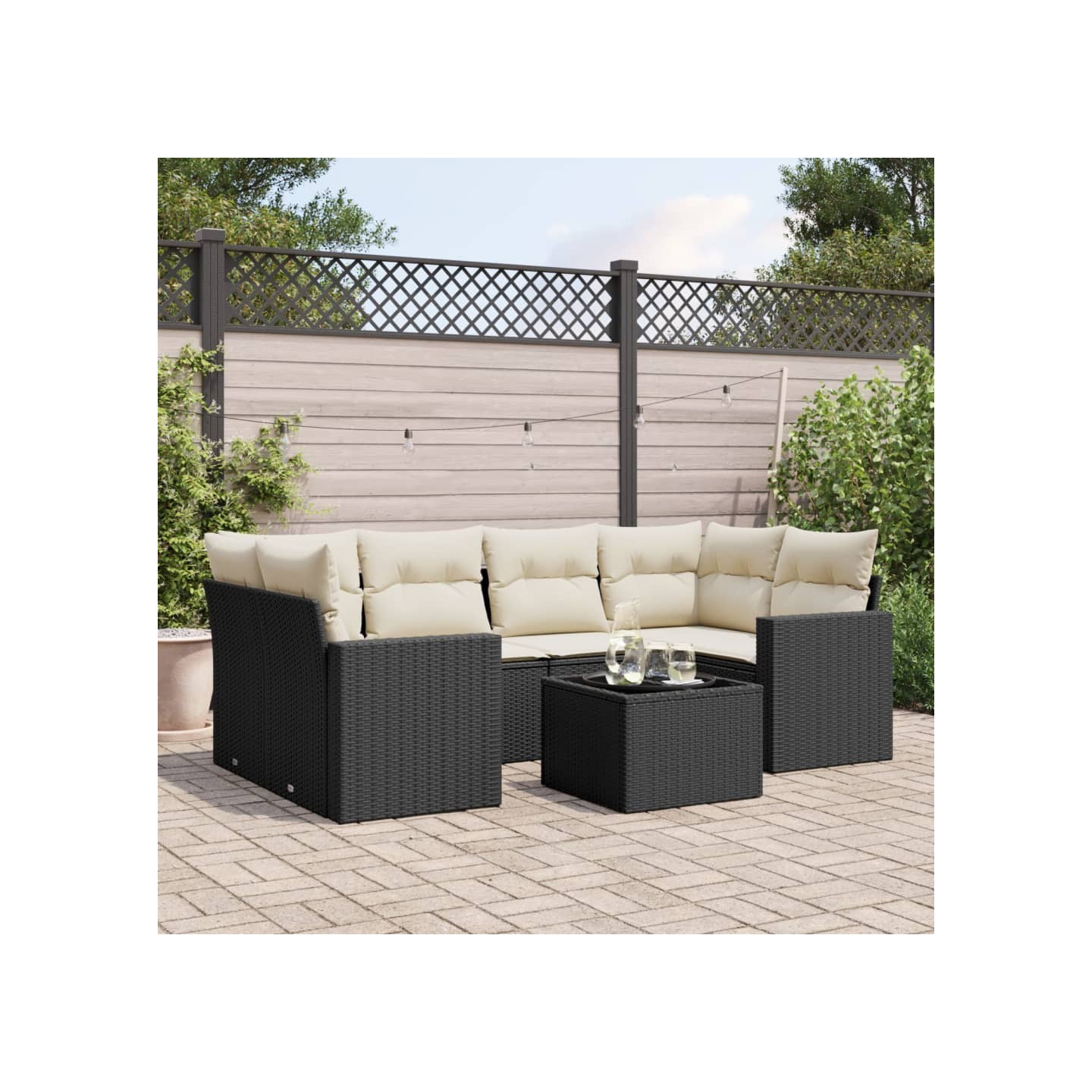 Salon de jardin 7 pcs avec coussins noir résine tressée