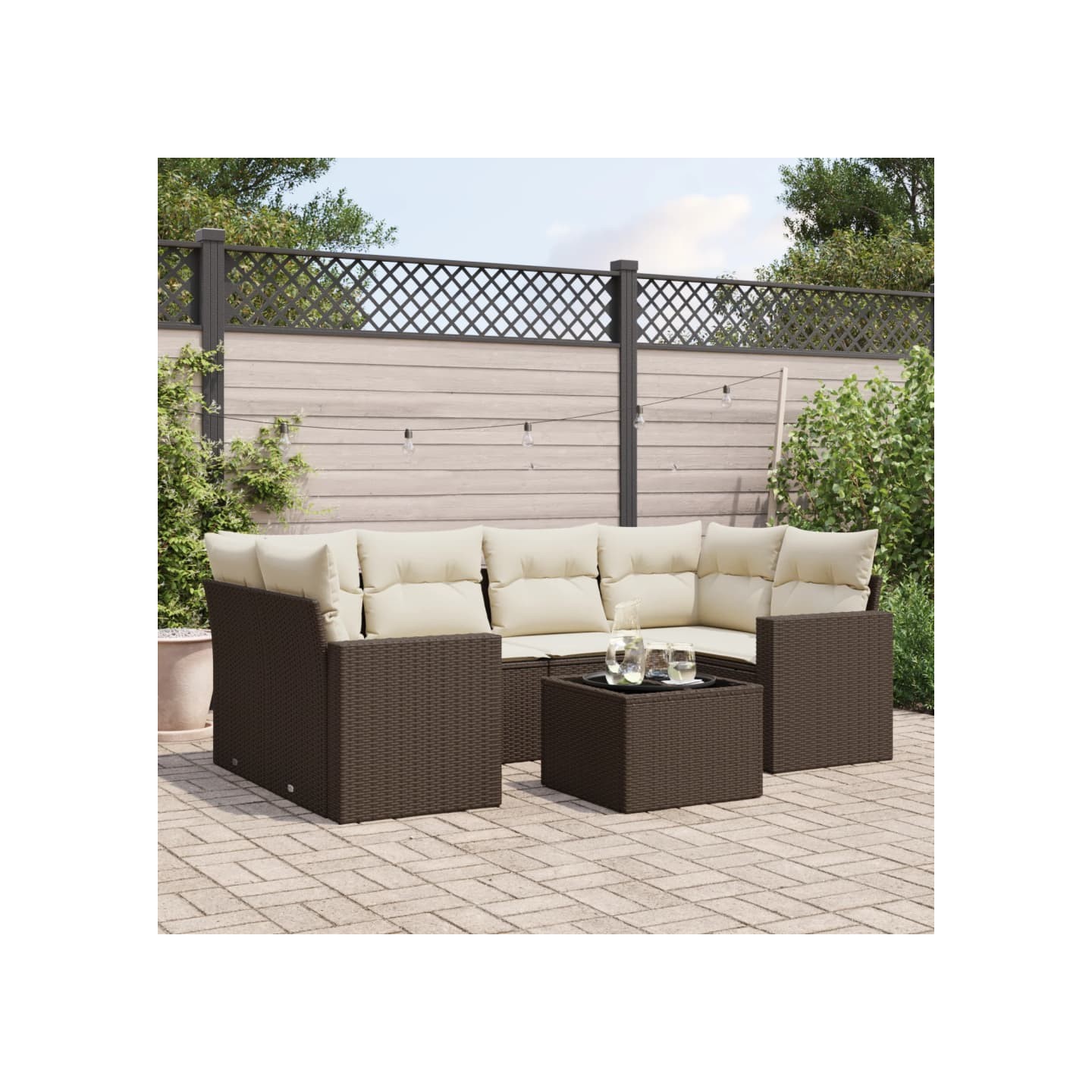 Salon de jardin avec coussins 7 pcs marron résine tressée