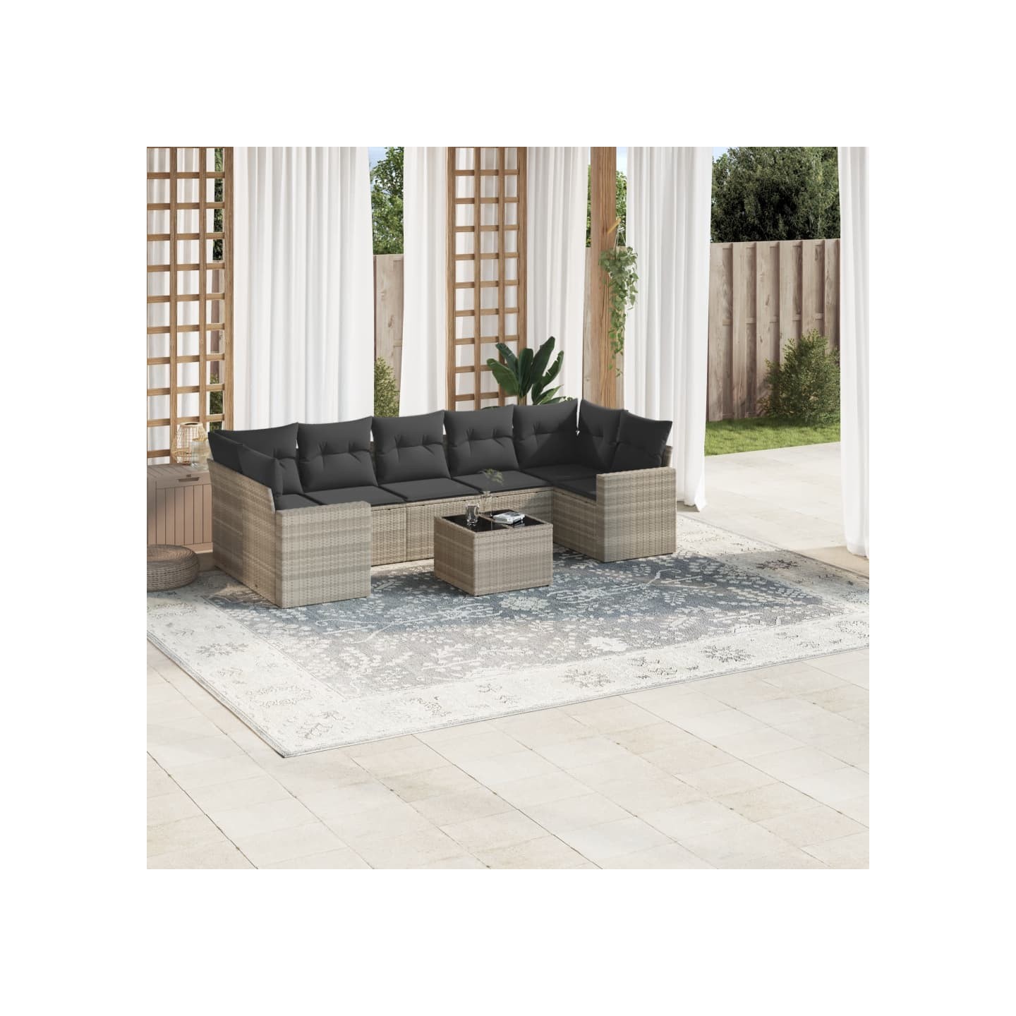 Salon de jardin 8 pcs avec coussins gris clair résine tressée