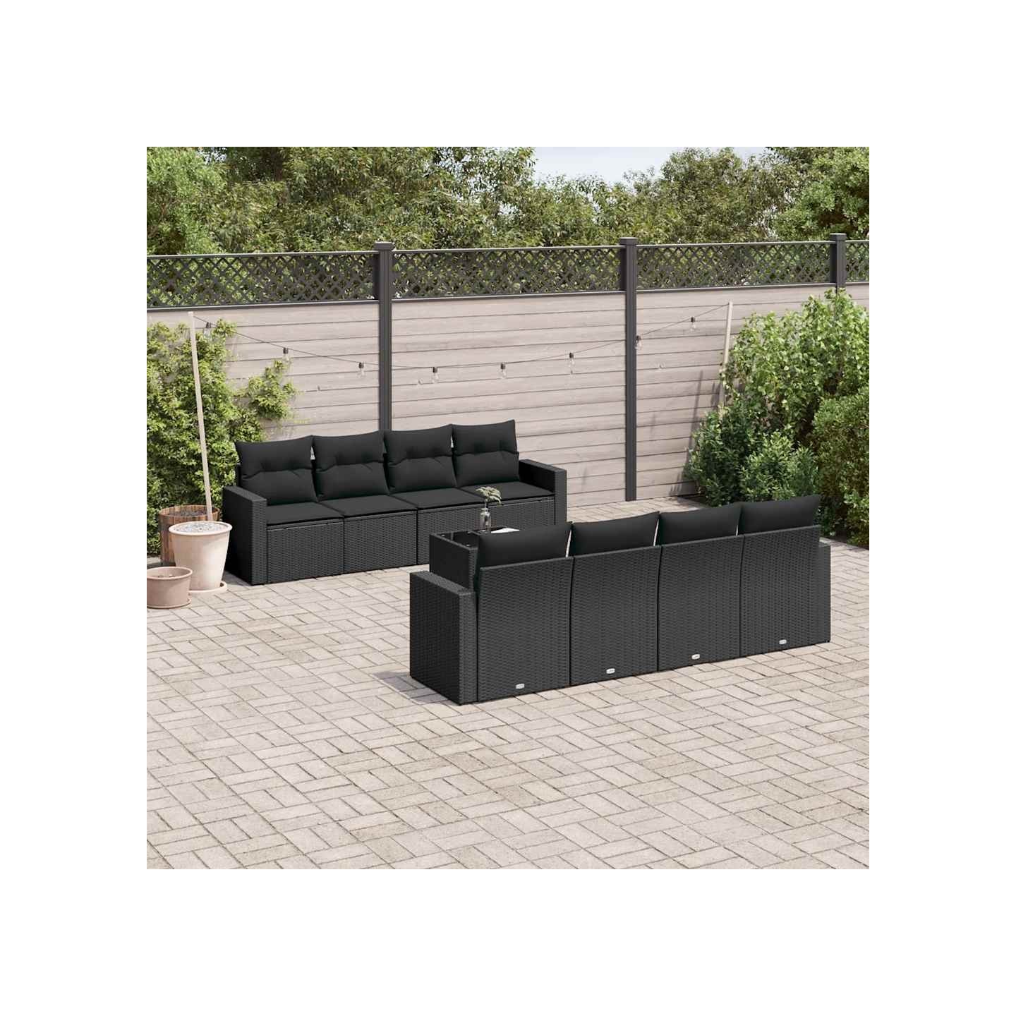 Salon de jardin 9 pcs avec coussins noir résine tressée