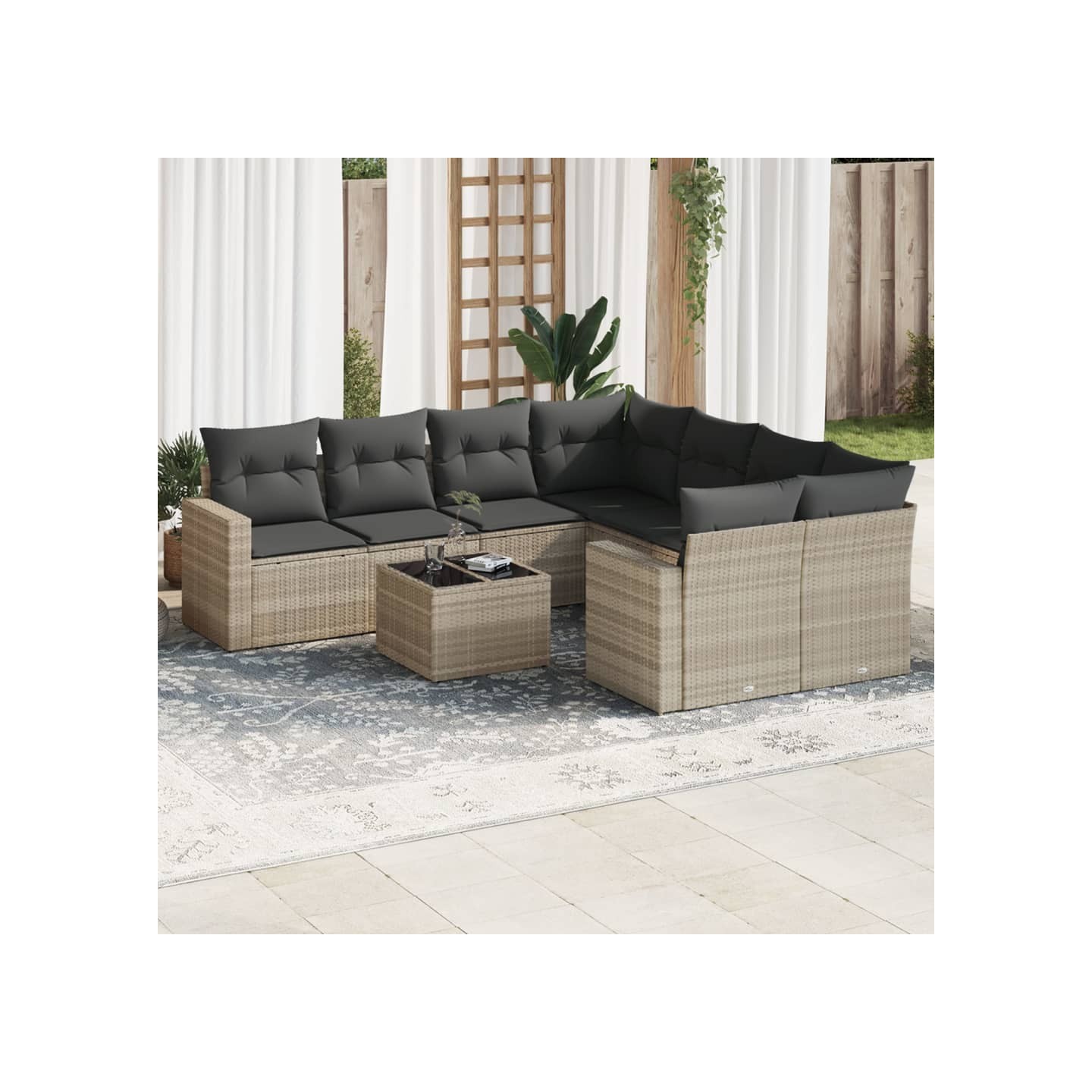 Salon de jardin 9 pcs avec coussins gris clair résine tressée