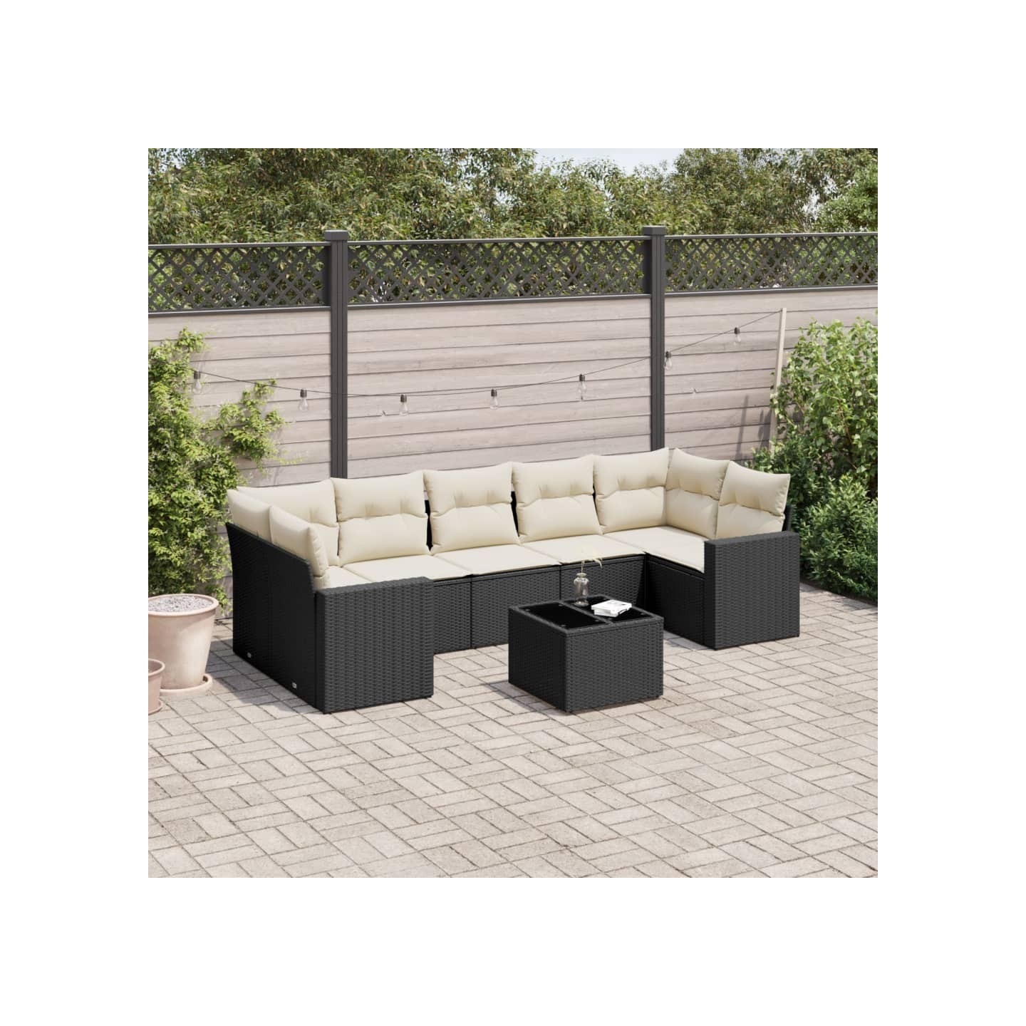 Salon de jardin 8 pcs avec coussins noir résine tressée
