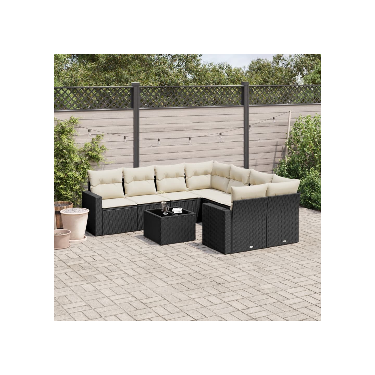 Salon de jardin 9 pcs avec coussins noir résine tressée