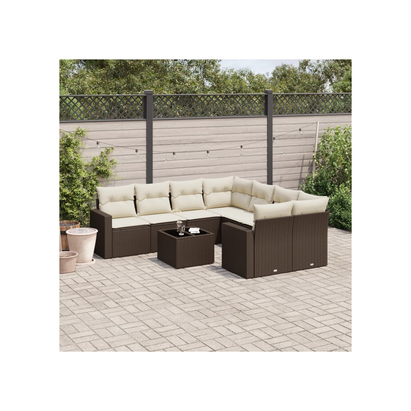 Salon de jardin avec coussins 9 pcs marron résine tressée