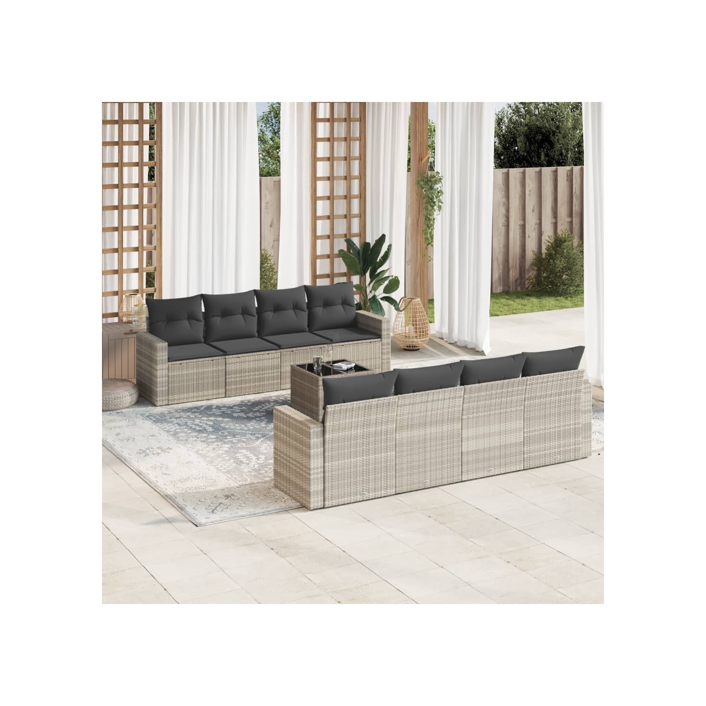 Salon de jardin 9 pcs avec coussins gris clair résine tressée