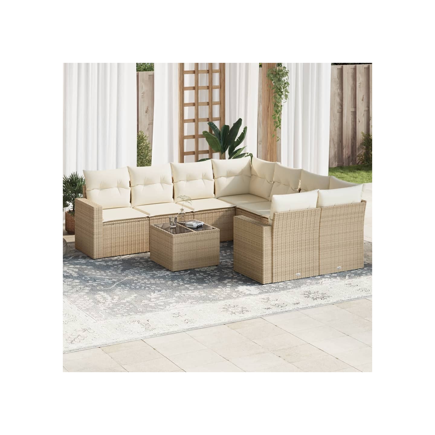 Salon de jardin avec coussins 9 pcs beige résine tressée