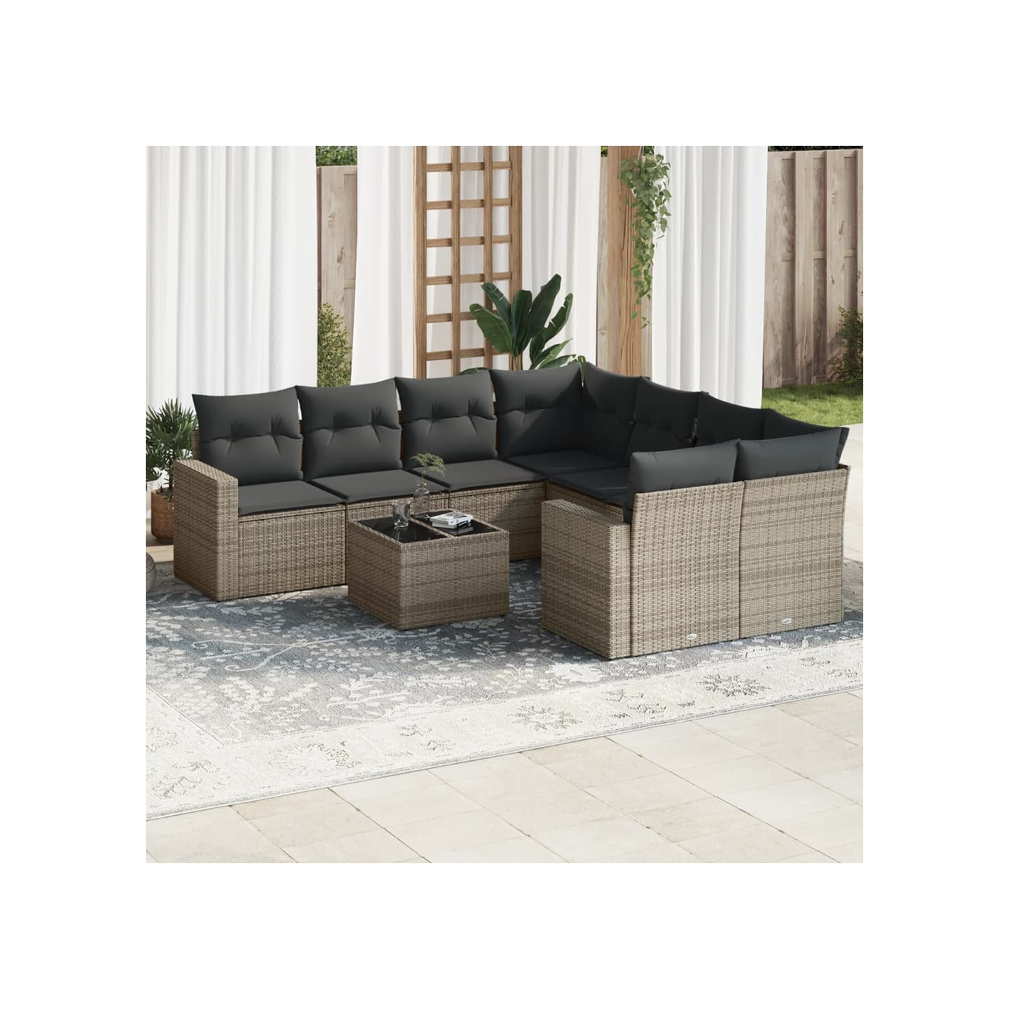 Salon de jardin 9 pcs avec coussins gris résine tressée