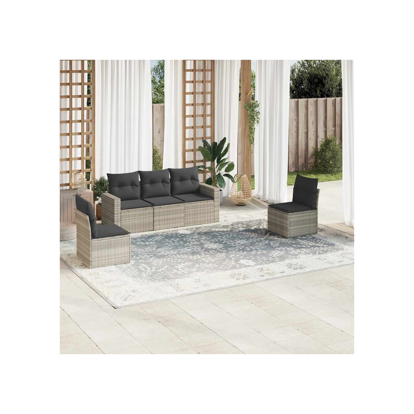 Salon de jardin 5 pcs avec coussins gris clair résine tressée