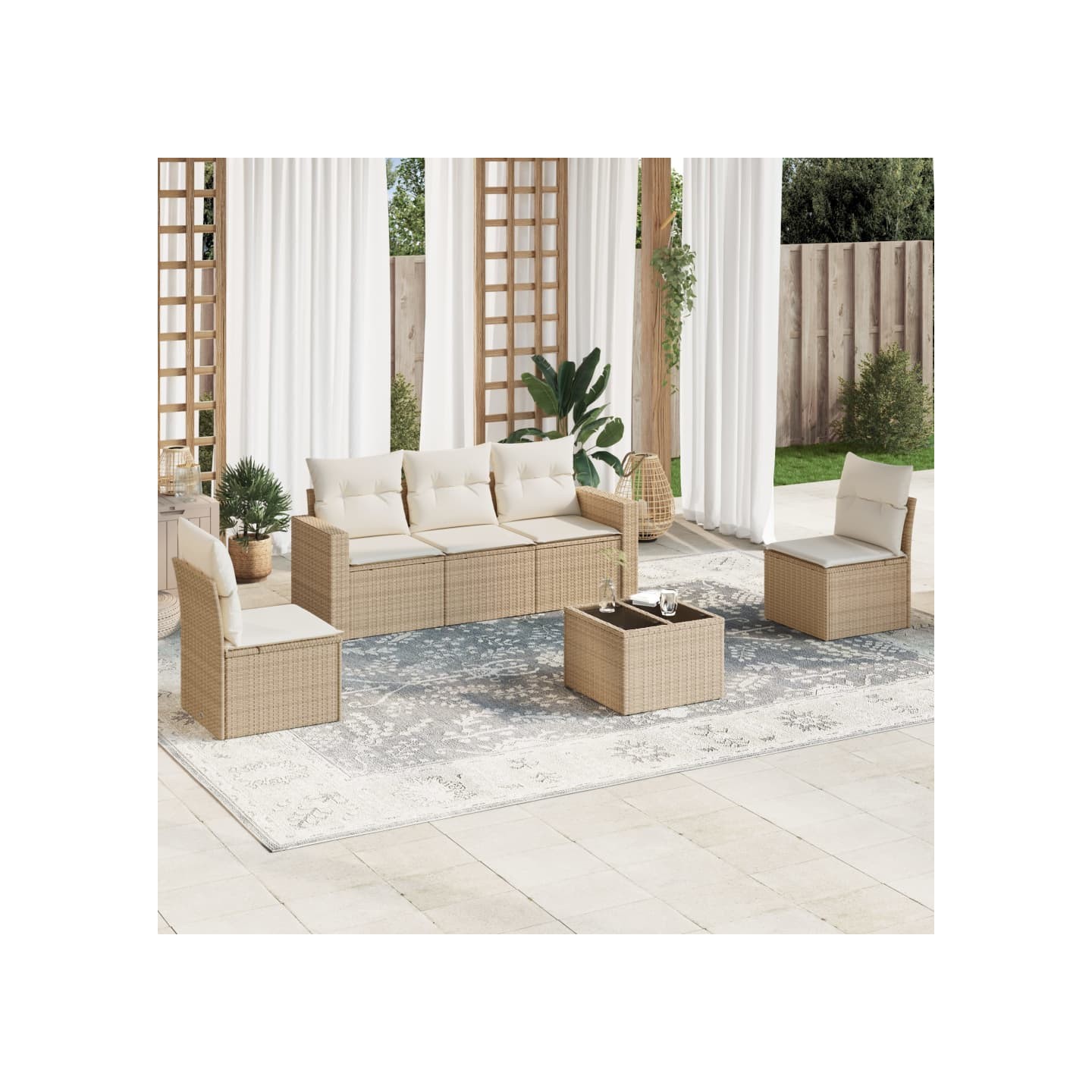 Salon de jardin avec coussins 6 pcs beige résine tressée
