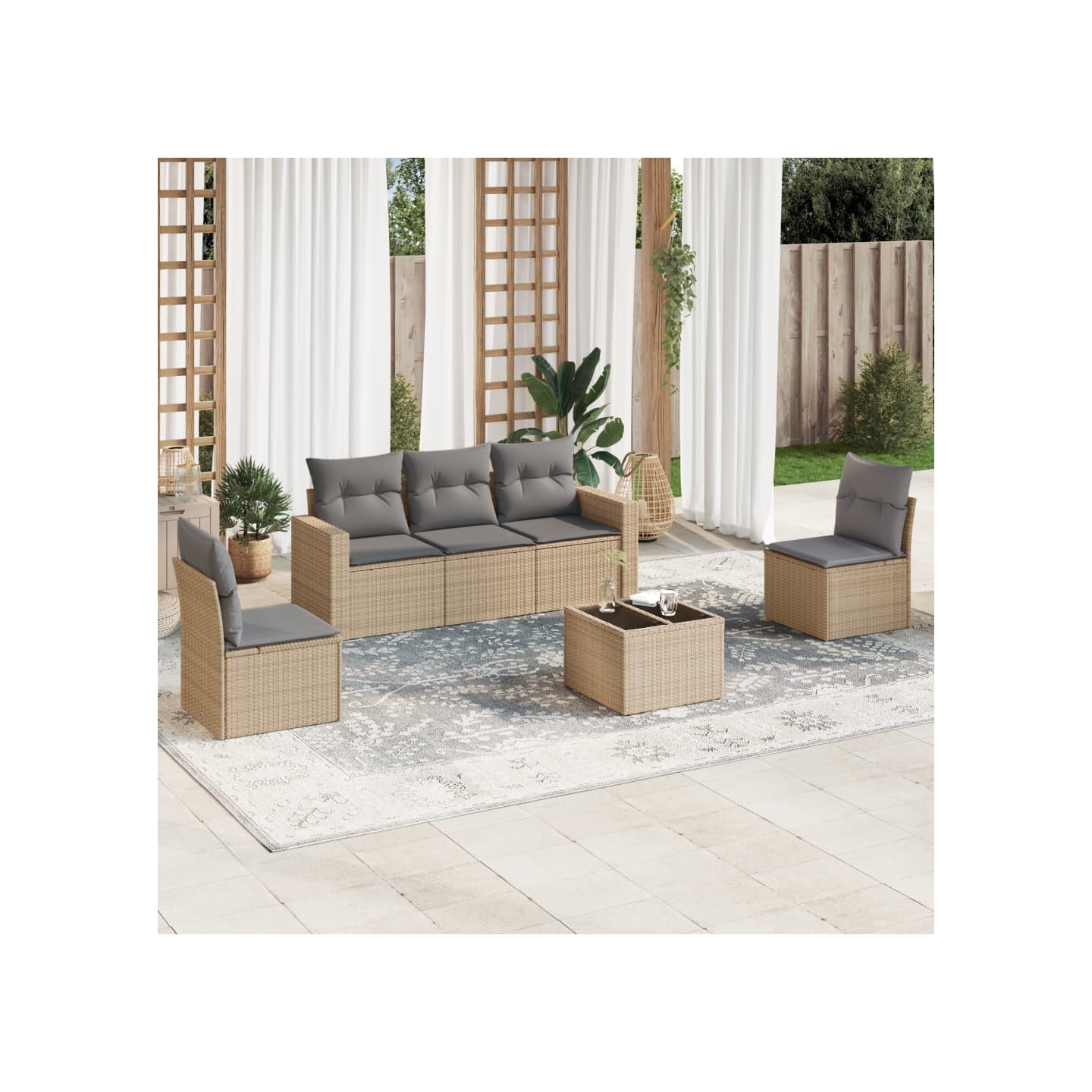 Salon de jardin avec coussins 6 pcs beige résine tressée