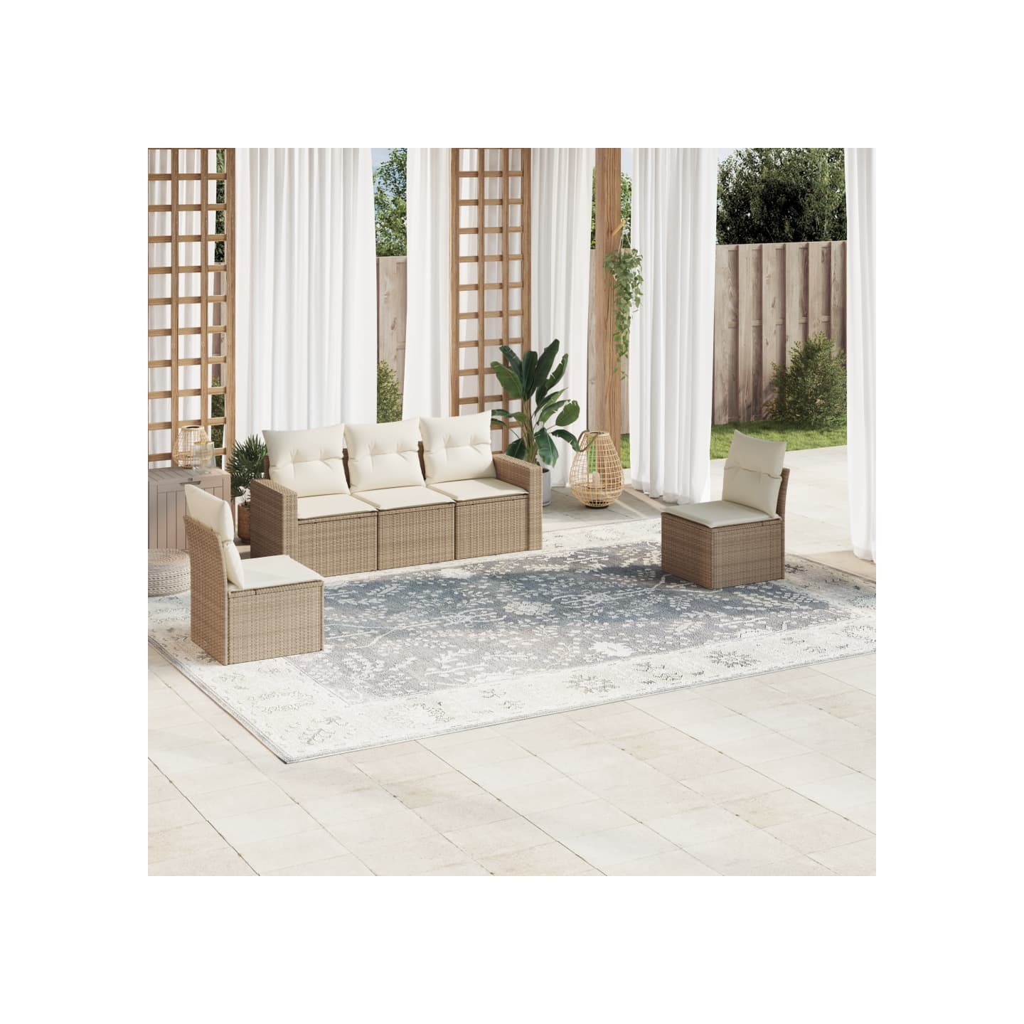 Salon de jardin avec coussins 5 pcs beige résine tressée