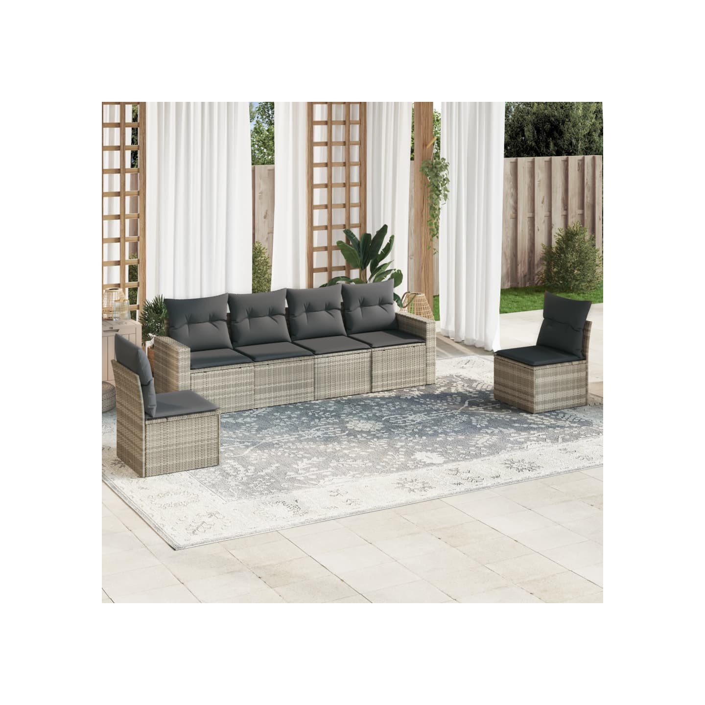 Salon de jardin 6 pcs avec coussins gris clair résine tressée