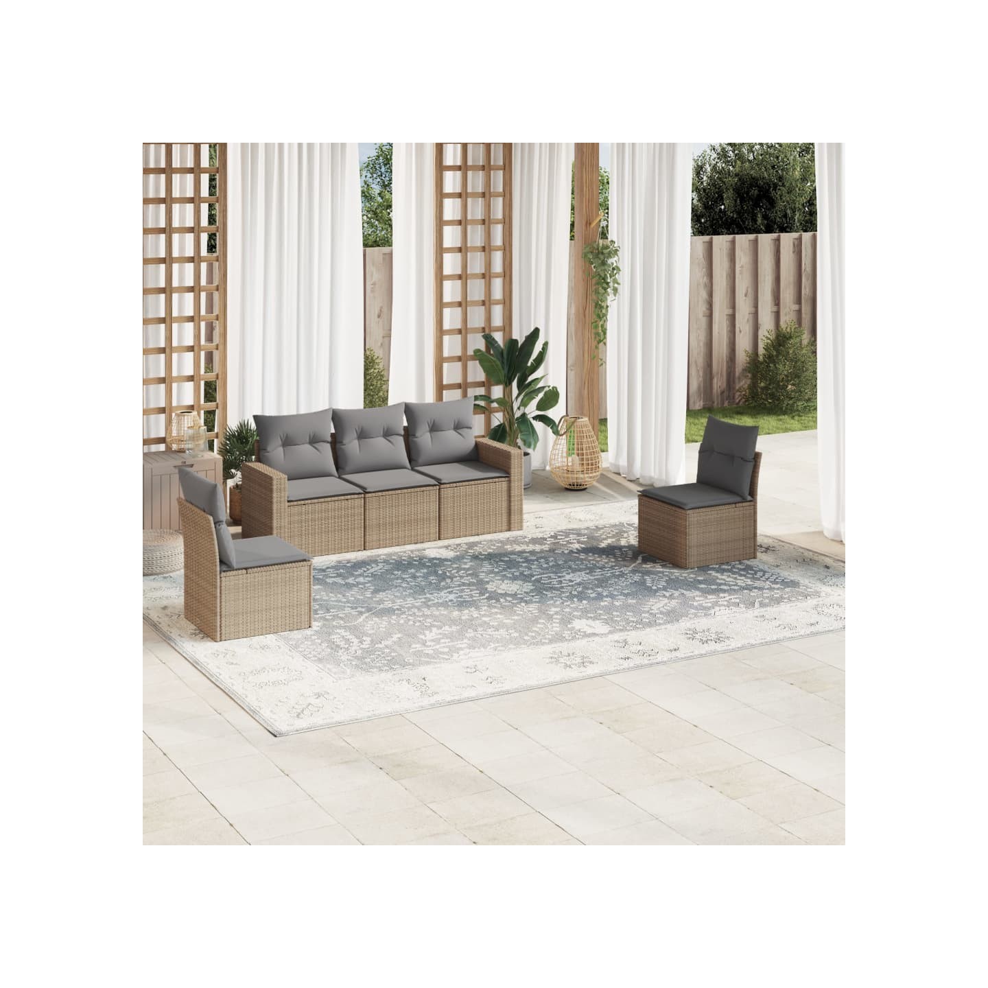 Salon de jardin avec coussins 5 pcs beige résine tressée