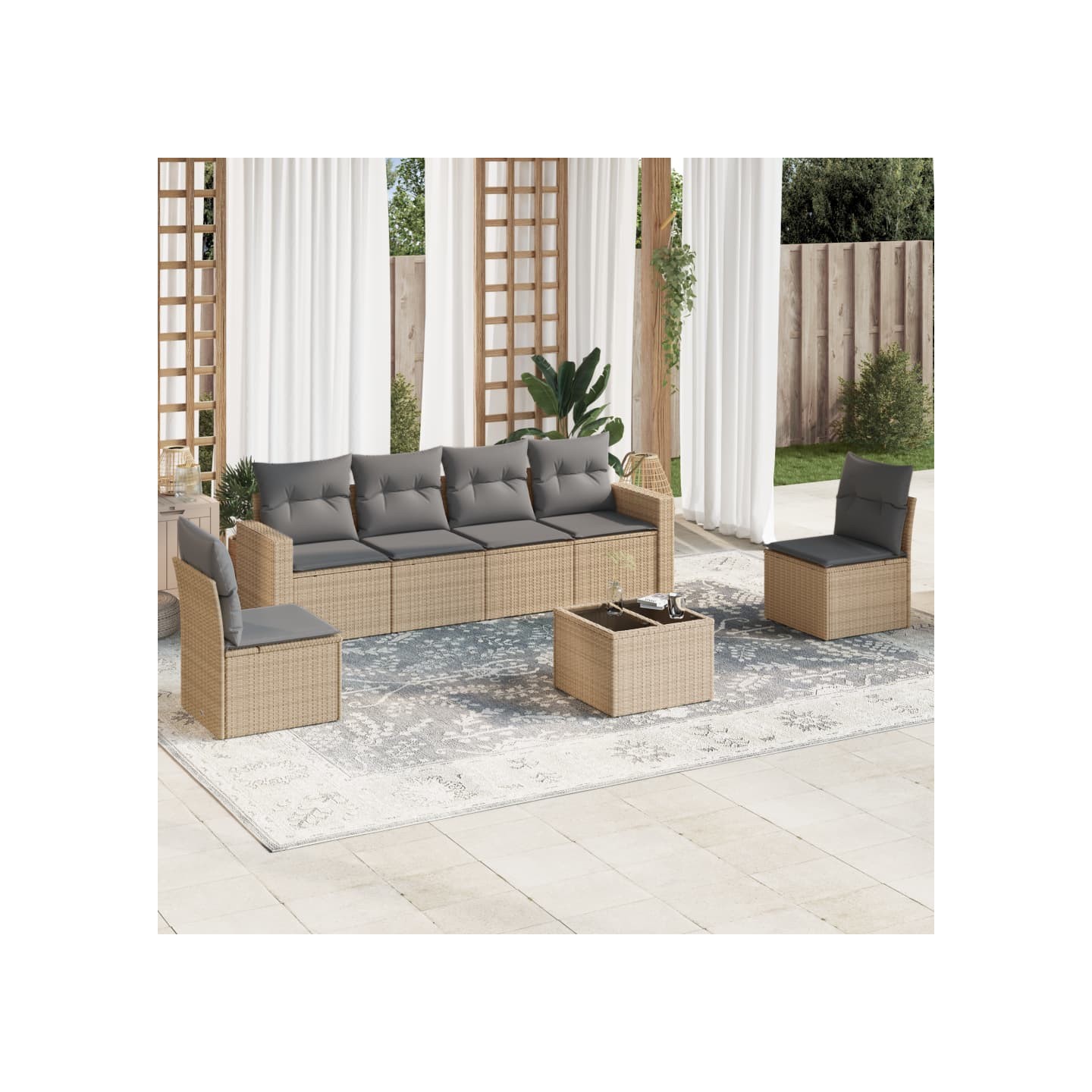 Salon de jardin avec coussins 7 pcs beige résine tressée