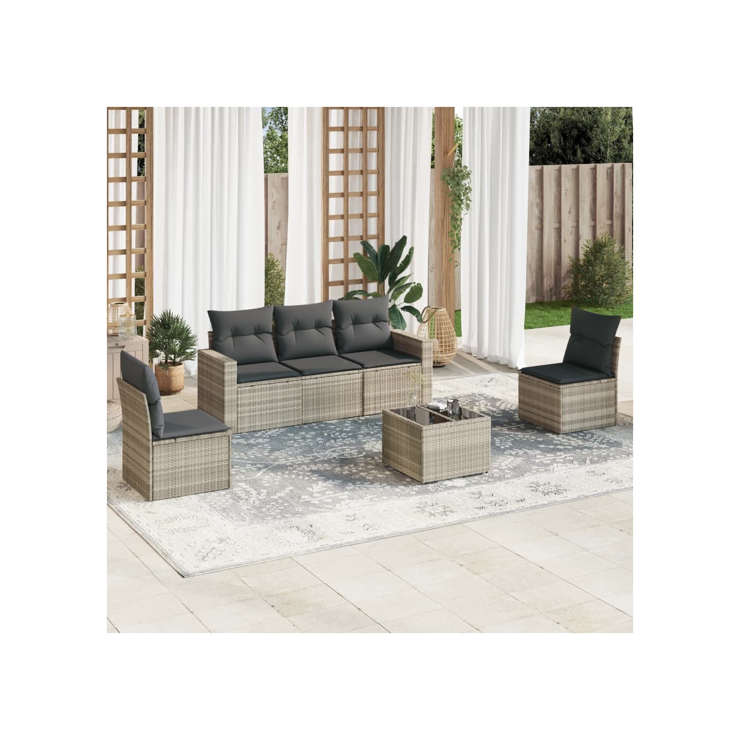 Salon de jardin 6 pcs avec coussins gris clair résine tressée
