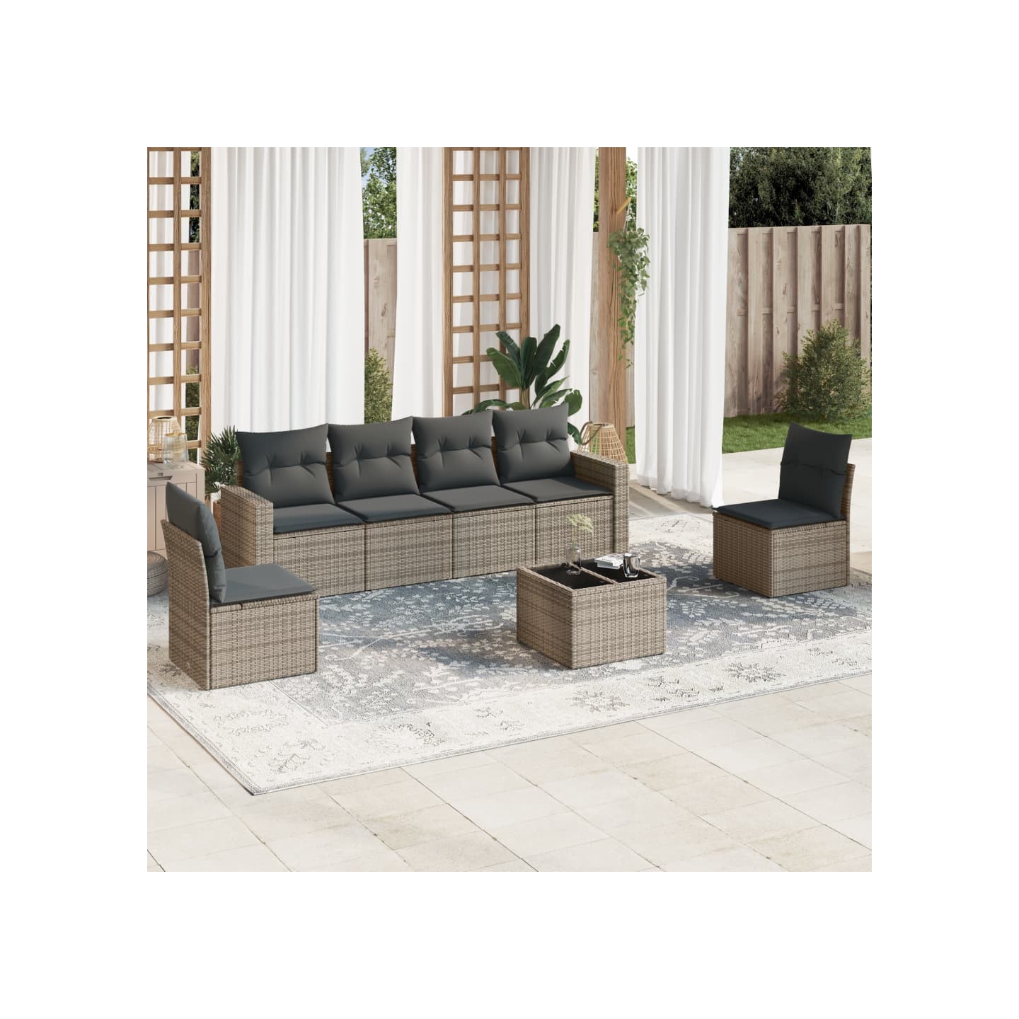 Salon de jardin avec coussins 7 pcs gris résine tressée