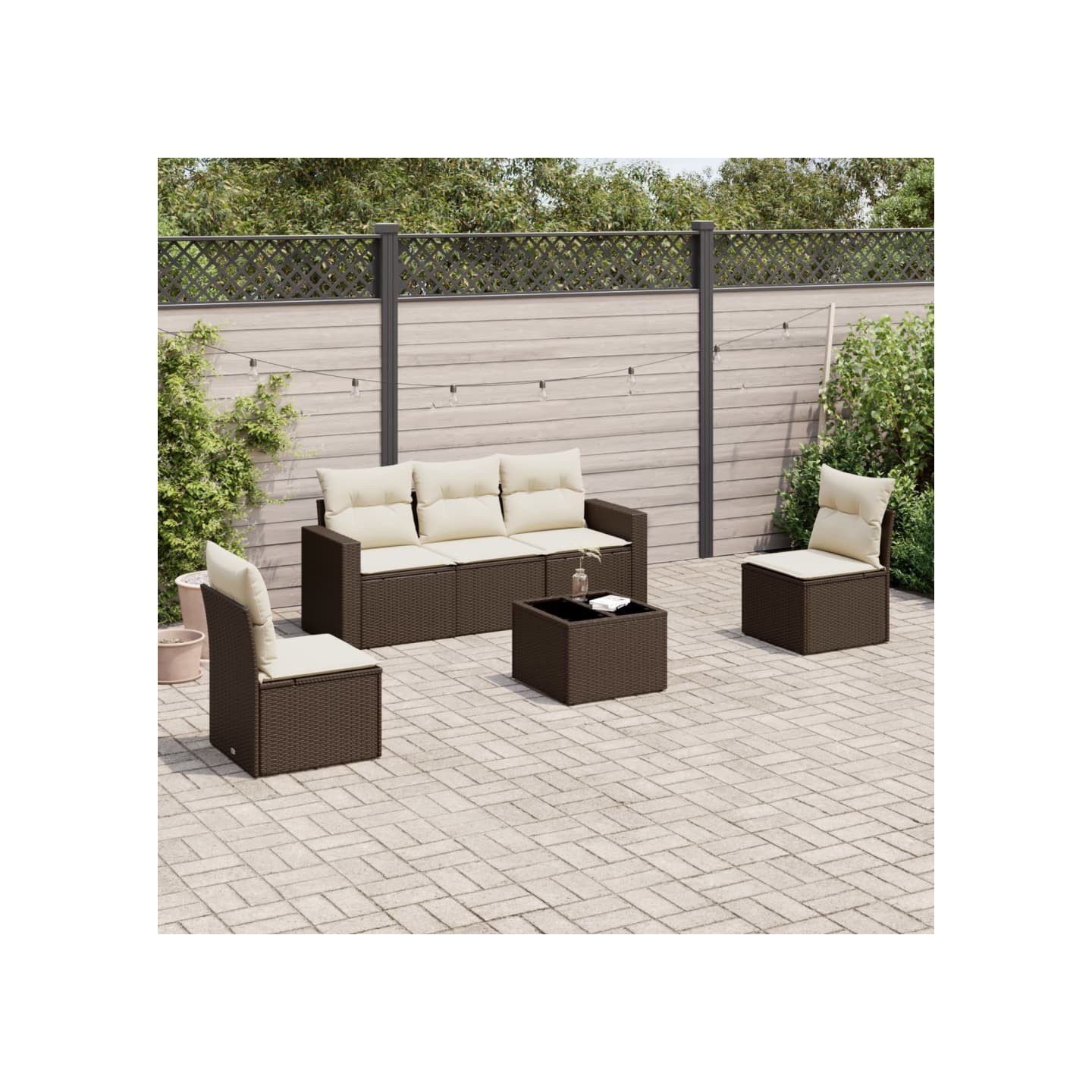 Salon de jardin avec coussins 6 pcs marron résine tressée