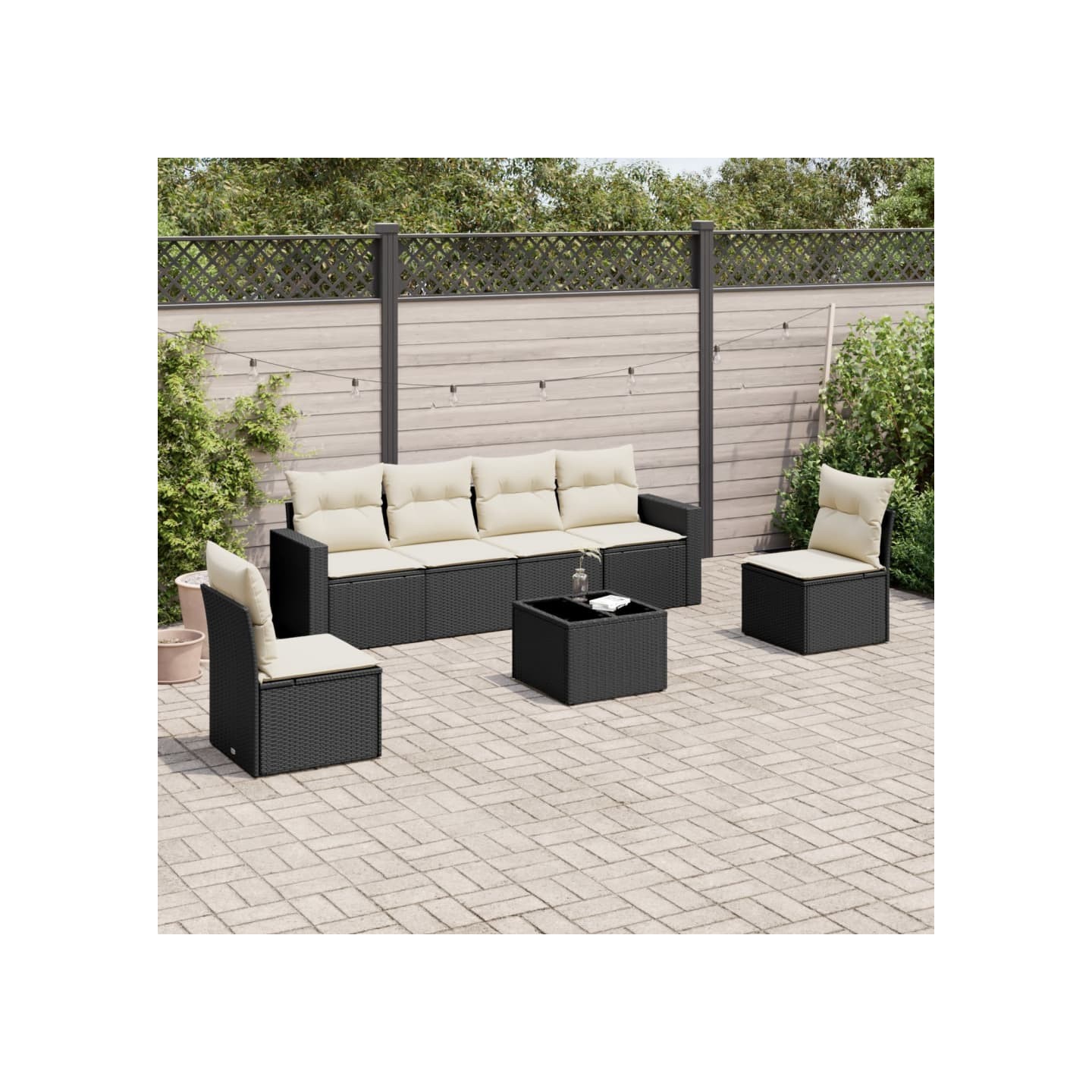 Salon de jardin 7 pcs avec coussins noir résine tressée