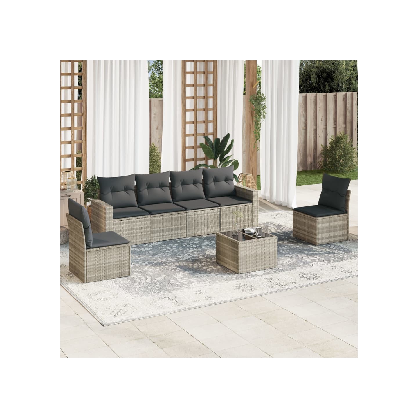Salon de jardin avec coussins 7 pcs gris clair résine tressée
