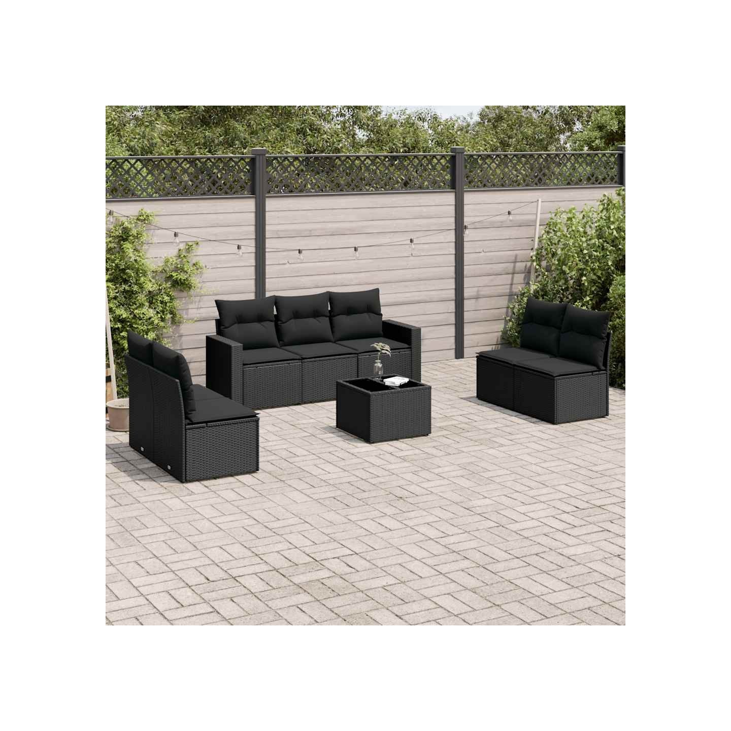 Salon de jardin 8 pcs avec coussins noir résine tressée