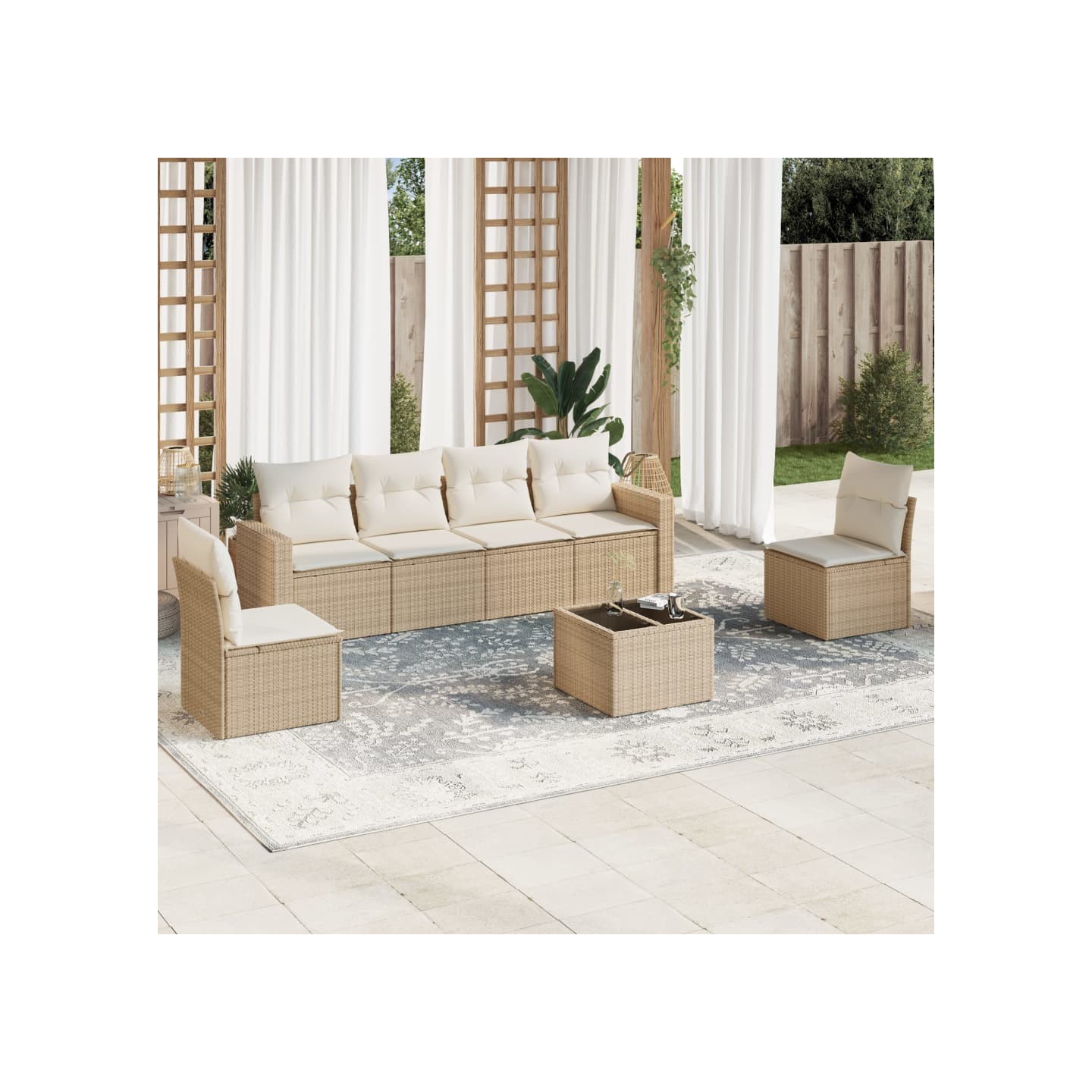 Salon de jardin avec coussins 7 pcs beige résine tressée