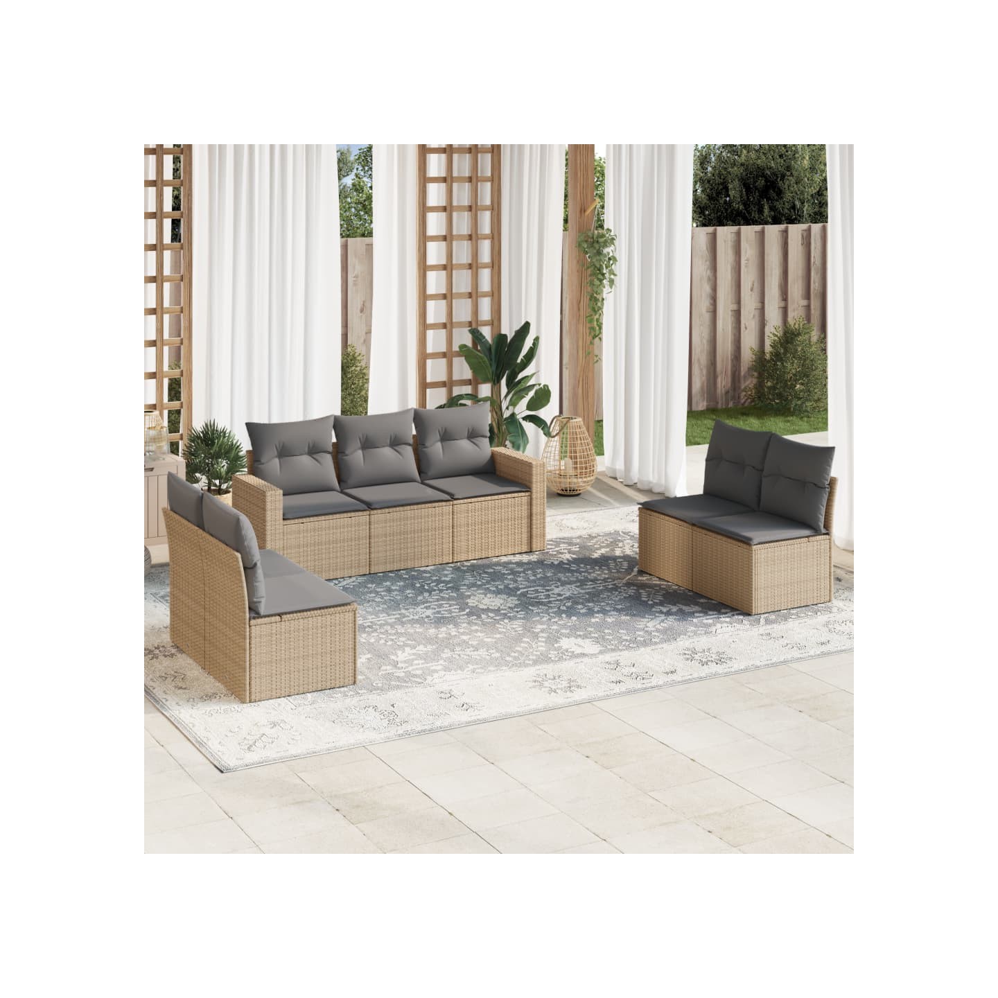Salon de jardin avec coussins 7 pcs beige résine tressée