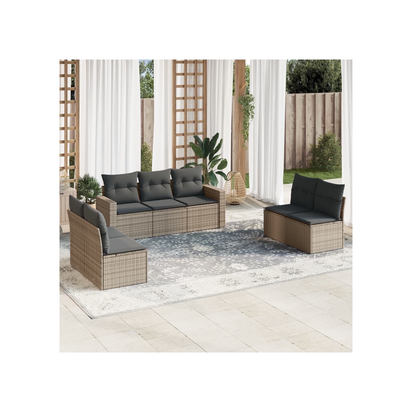Salon de jardin avec coussins 7 pcs gris résine tressée