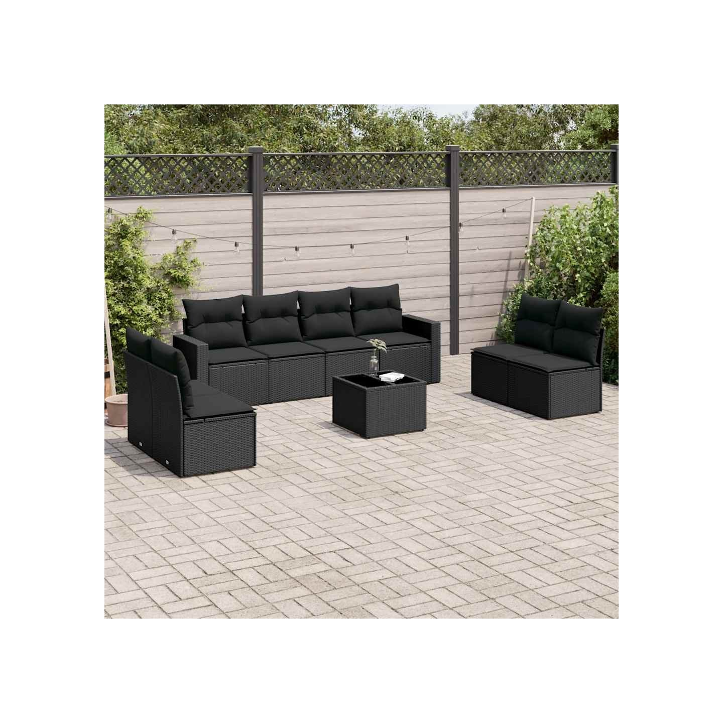 Salon de jardin 9 pcs avec coussins noir résine tressée