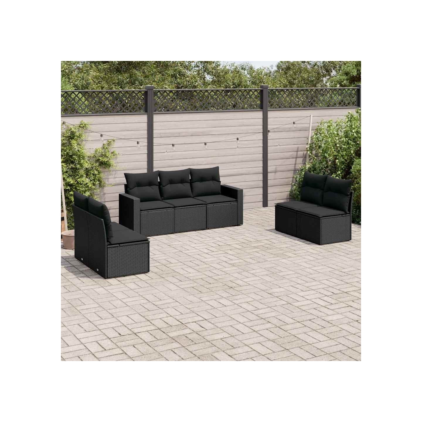 Salon de jardin 7 pcs avec coussins noir résine tressée